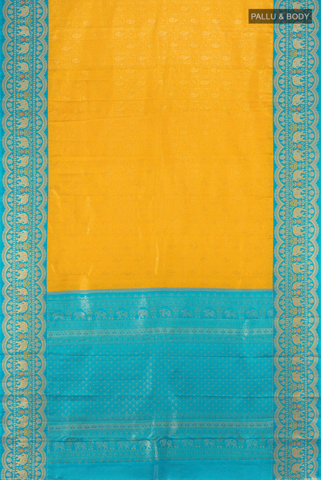 Flat view of Yellow Kanjivaram Silk Saree with Zari Brocade on the body and Zari Border. 