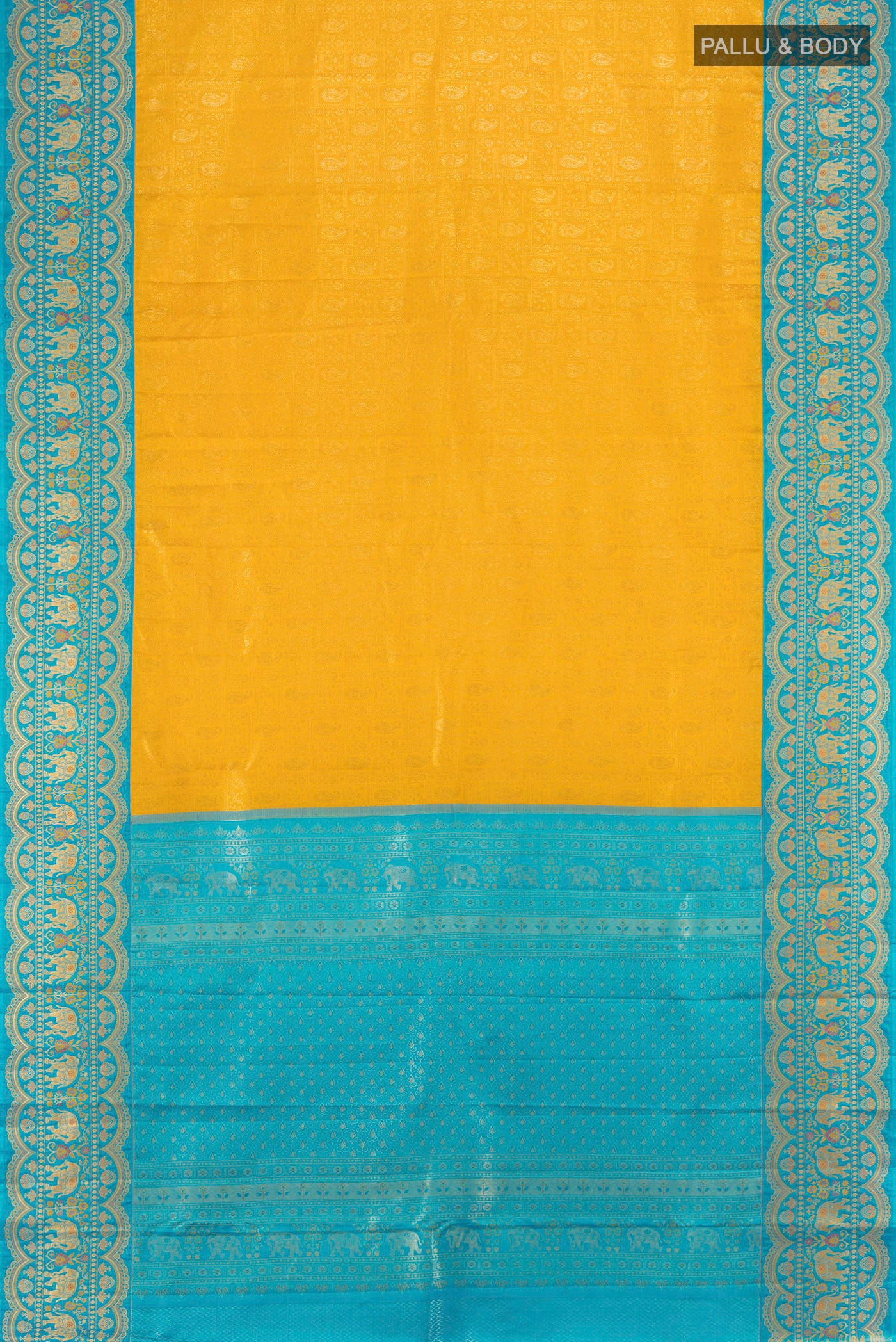 Flat view of Yellow Kanjivaram Silk Saree with Zari Brocade on the body and Zari Border. 