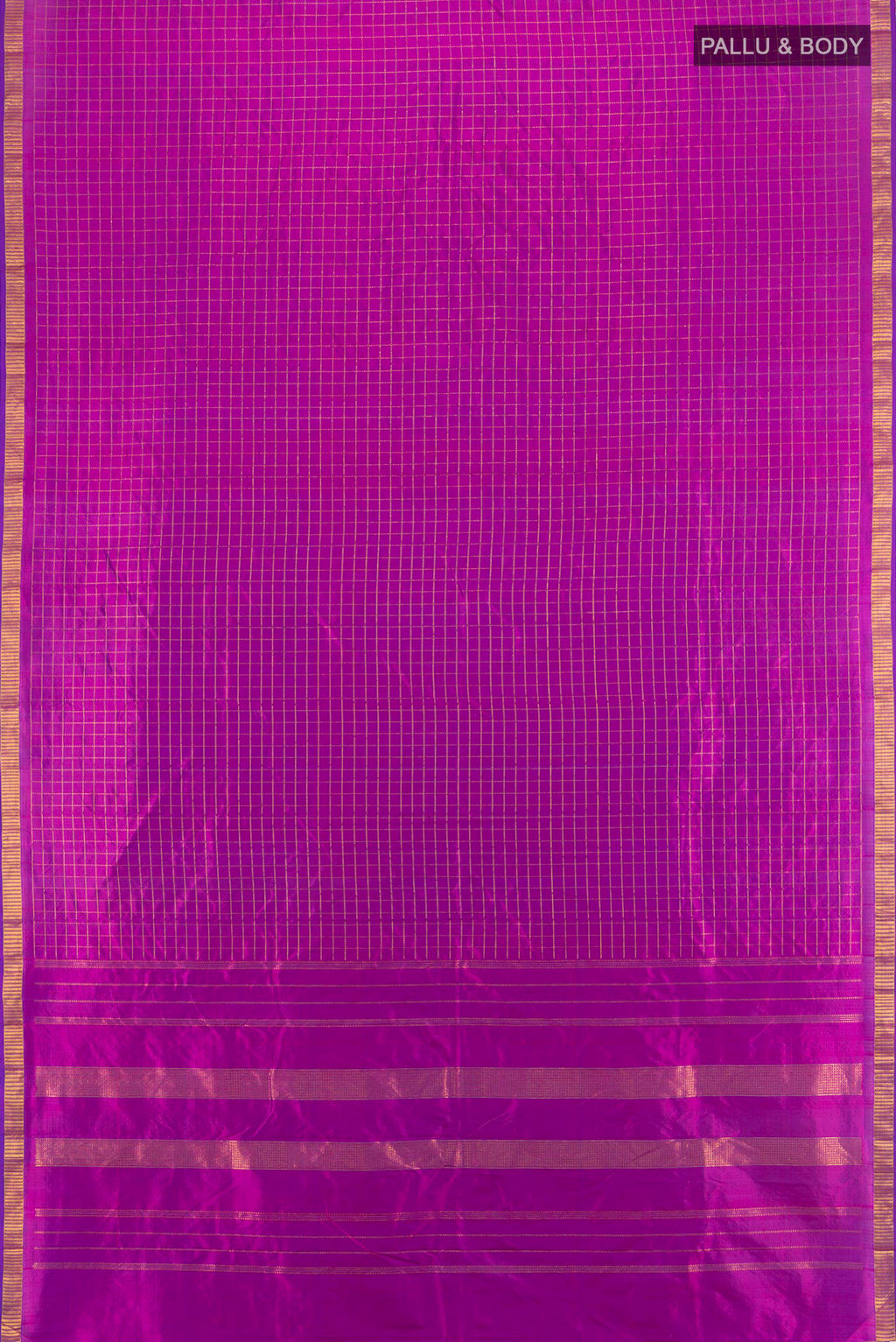 Flat view of Purple Kanjivaram Silk Saree with Checked design on the body and Zari Border. 