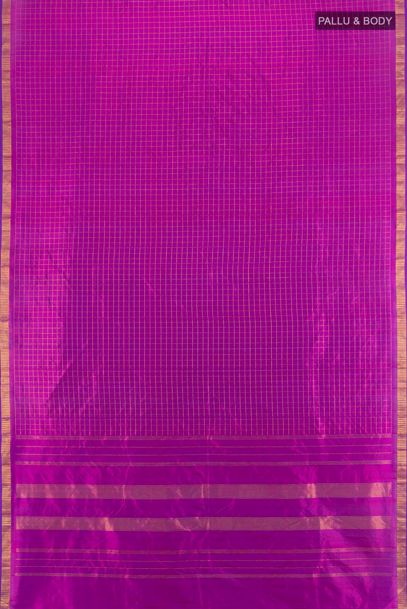 Flat view of Purple Kanjivaram Silk Saree with Checked design on the body and Zari Border. 