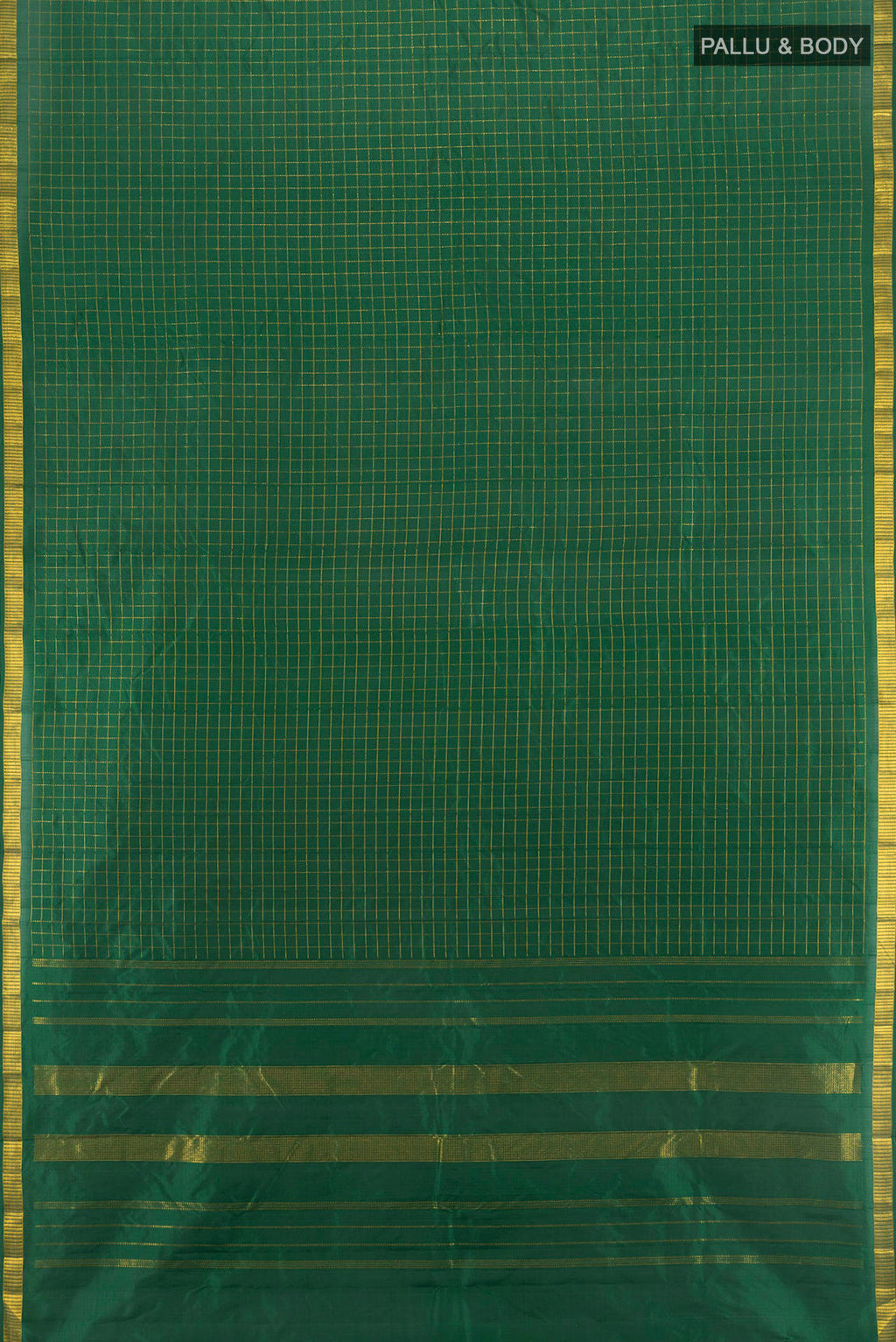 Flat view of Bottle Green Kanjivaram Silk Saree with Checked design on the body and Zari Border. 