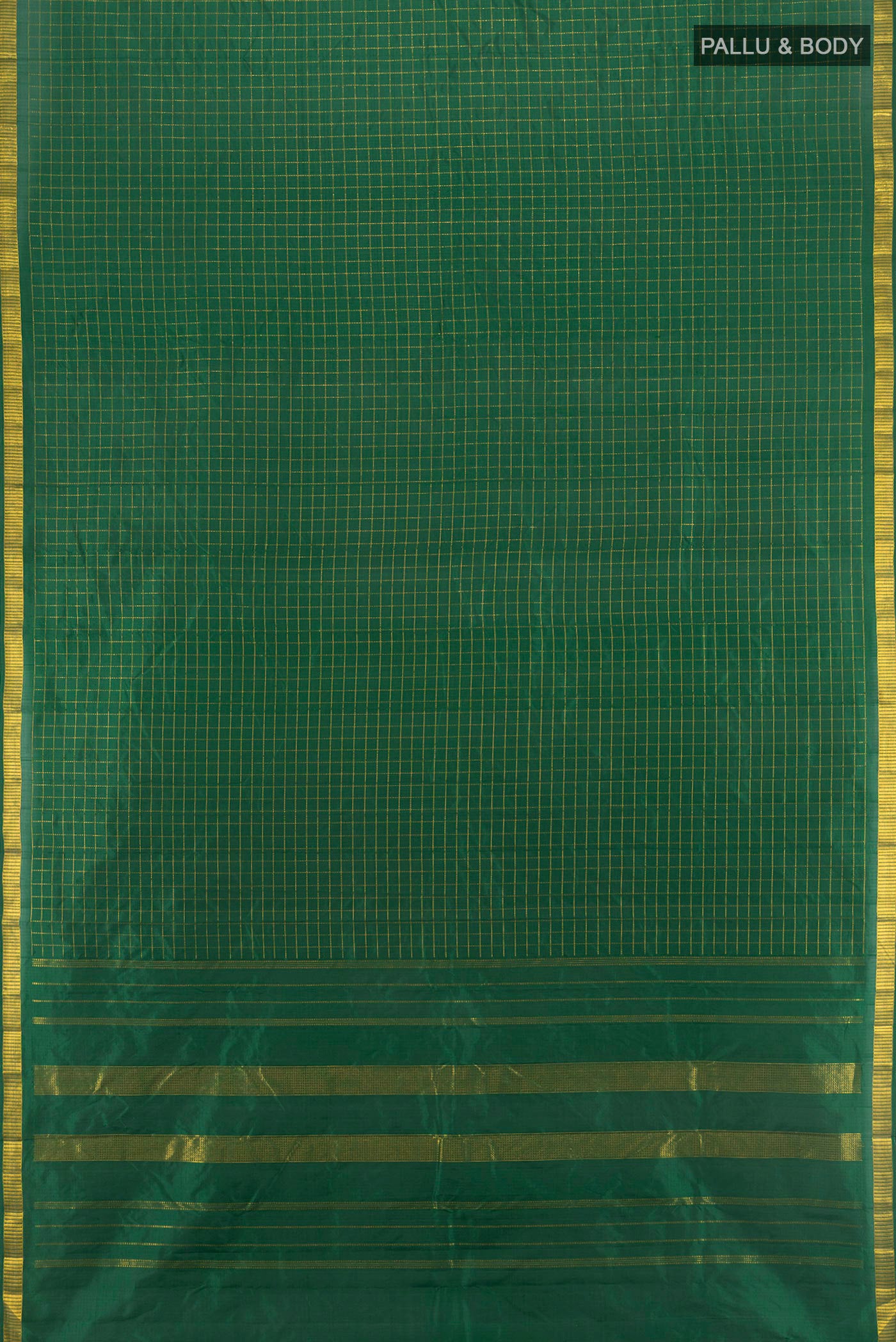 Flat view of Bottle Green Kanjivaram Silk Saree with Checked design on the body and Zari Border. 