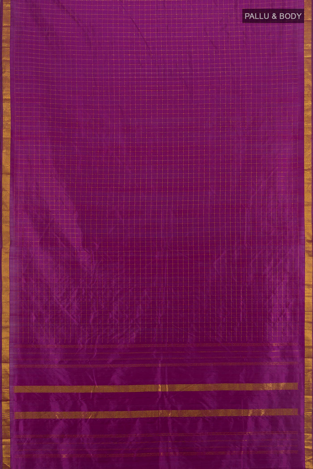 Flat view of Purple Kanjivaram Silk Saree with Checked design on the body and Zari Border. 
