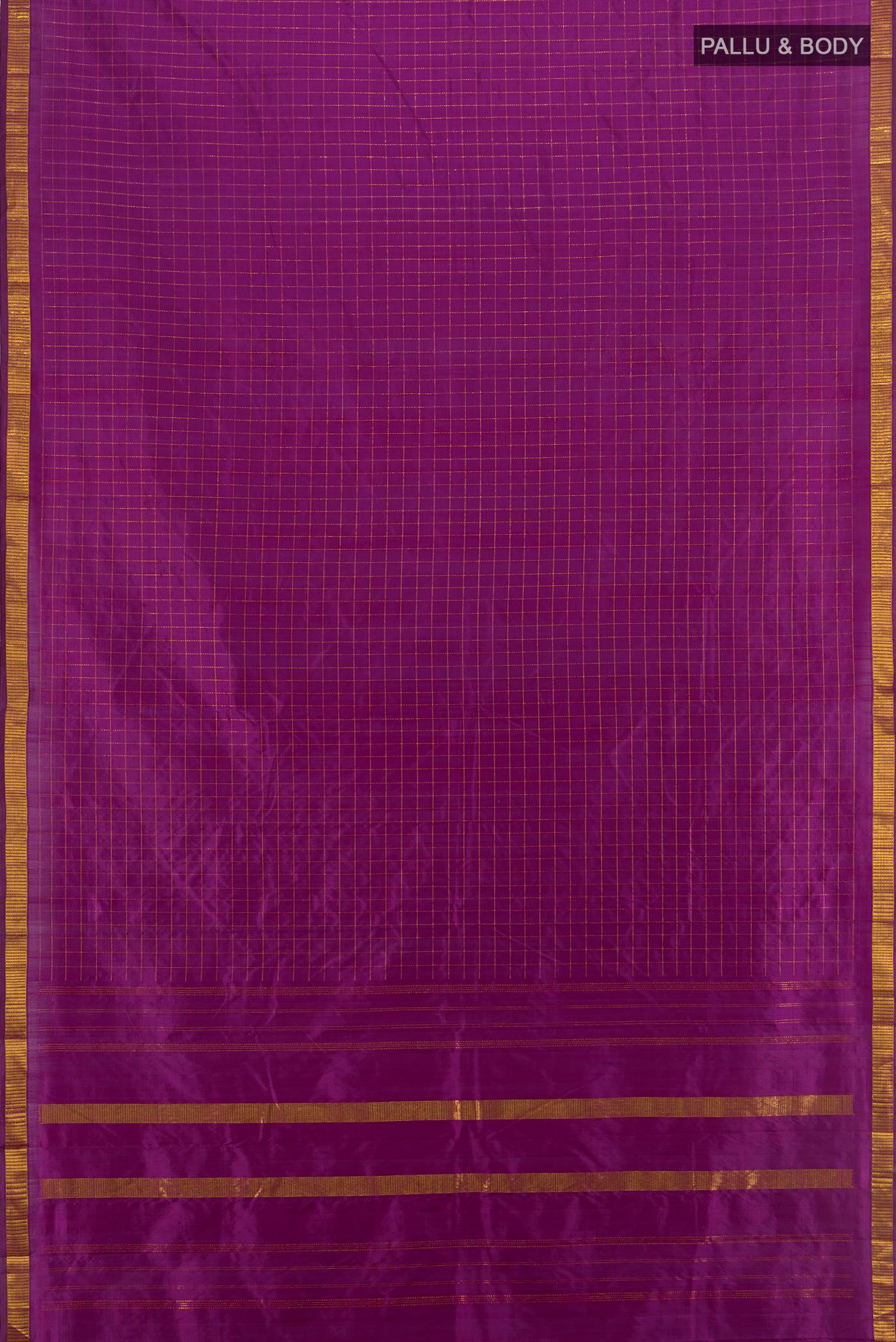 Flat view of Purple Kanjivaram Silk Saree with Checked design on the body and Zari Border. 