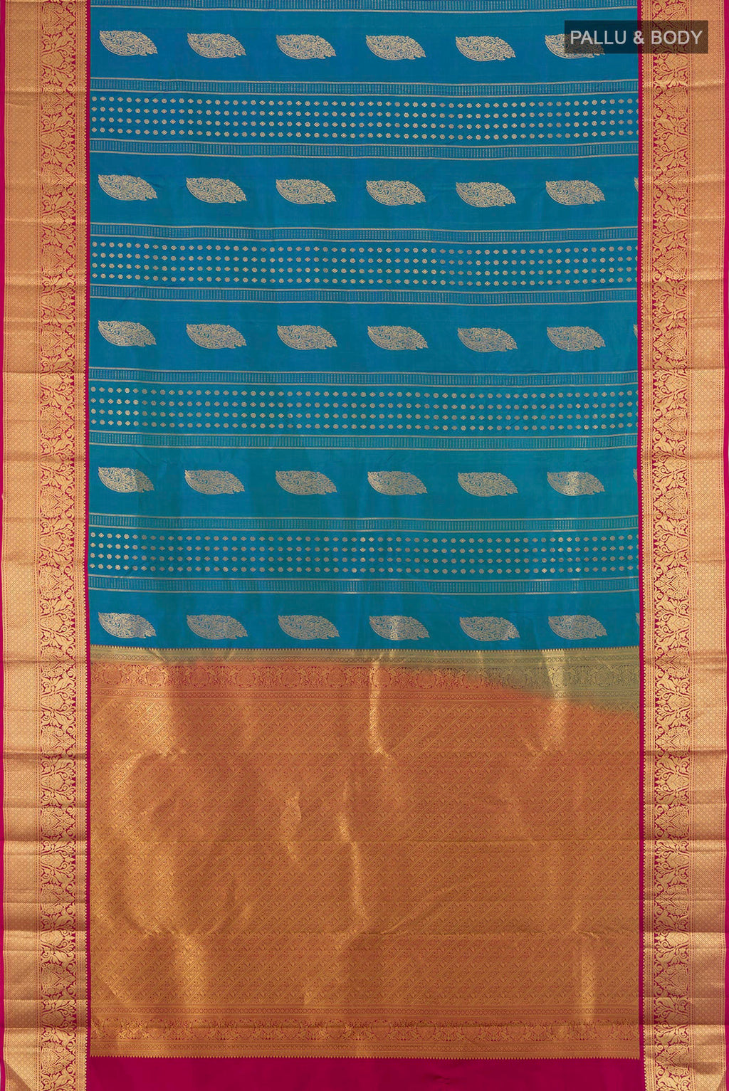 Flat view of Blue Kanjivaram Silk Saree with Zari Butta on the body and Zari Border. 