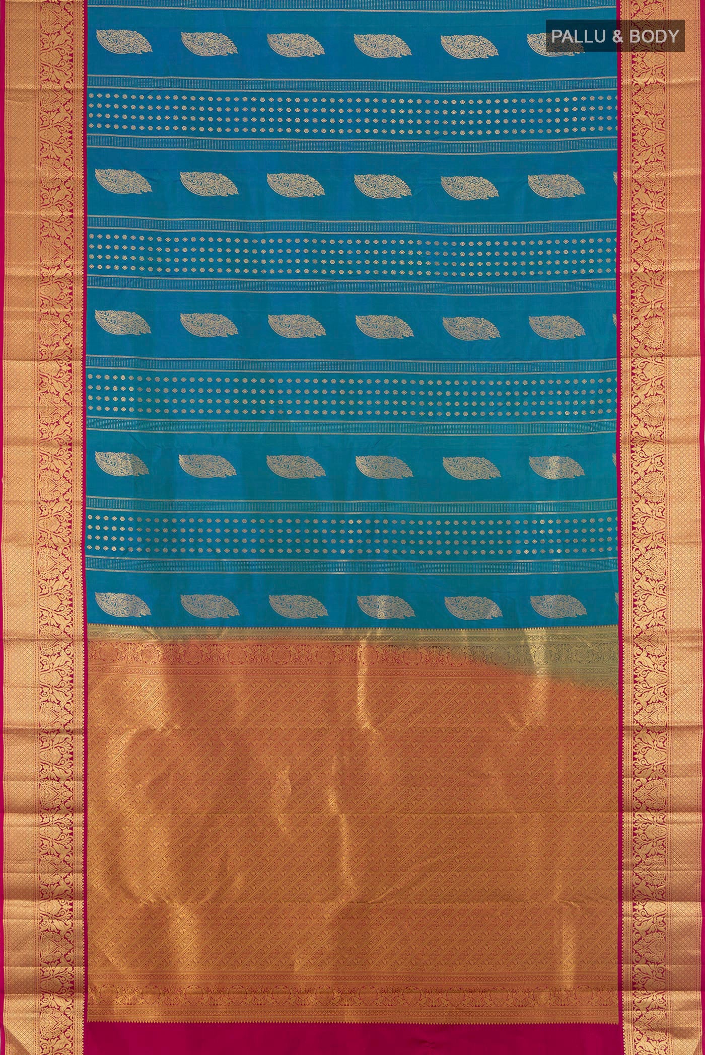 Flat view of Blue Kanjivaram Silk Saree with Zari Butta on the body and Zari Border. 