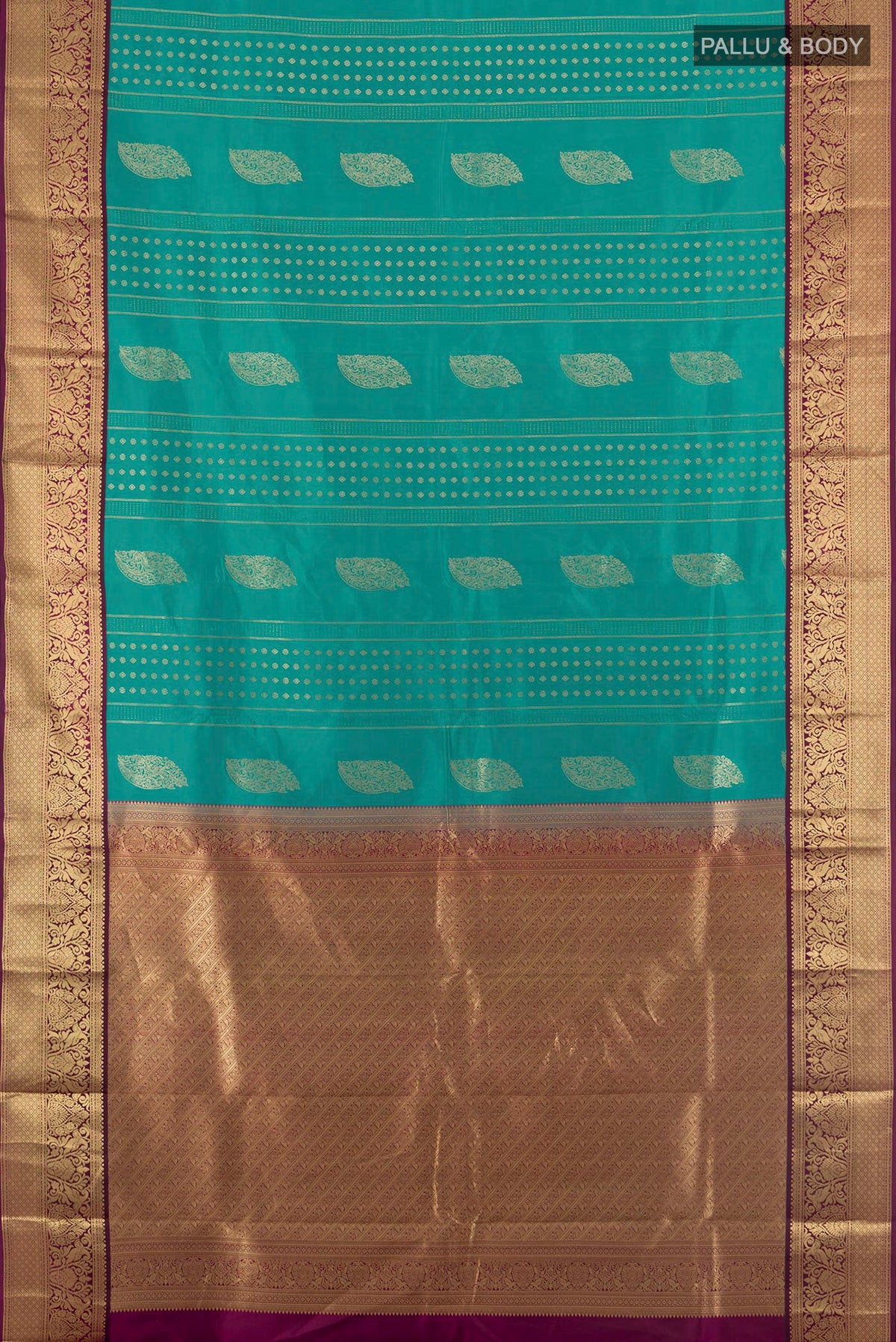 Flat view of Pure Silk Turquoise Kanjivaram Saree with Zari Butta on the body and Zari Border. 