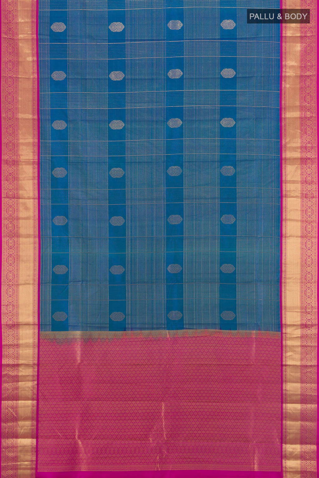 Flat view of Royal Blue Kanjivaram Silk Saree with Zari Butta on the body and Zari Border. 