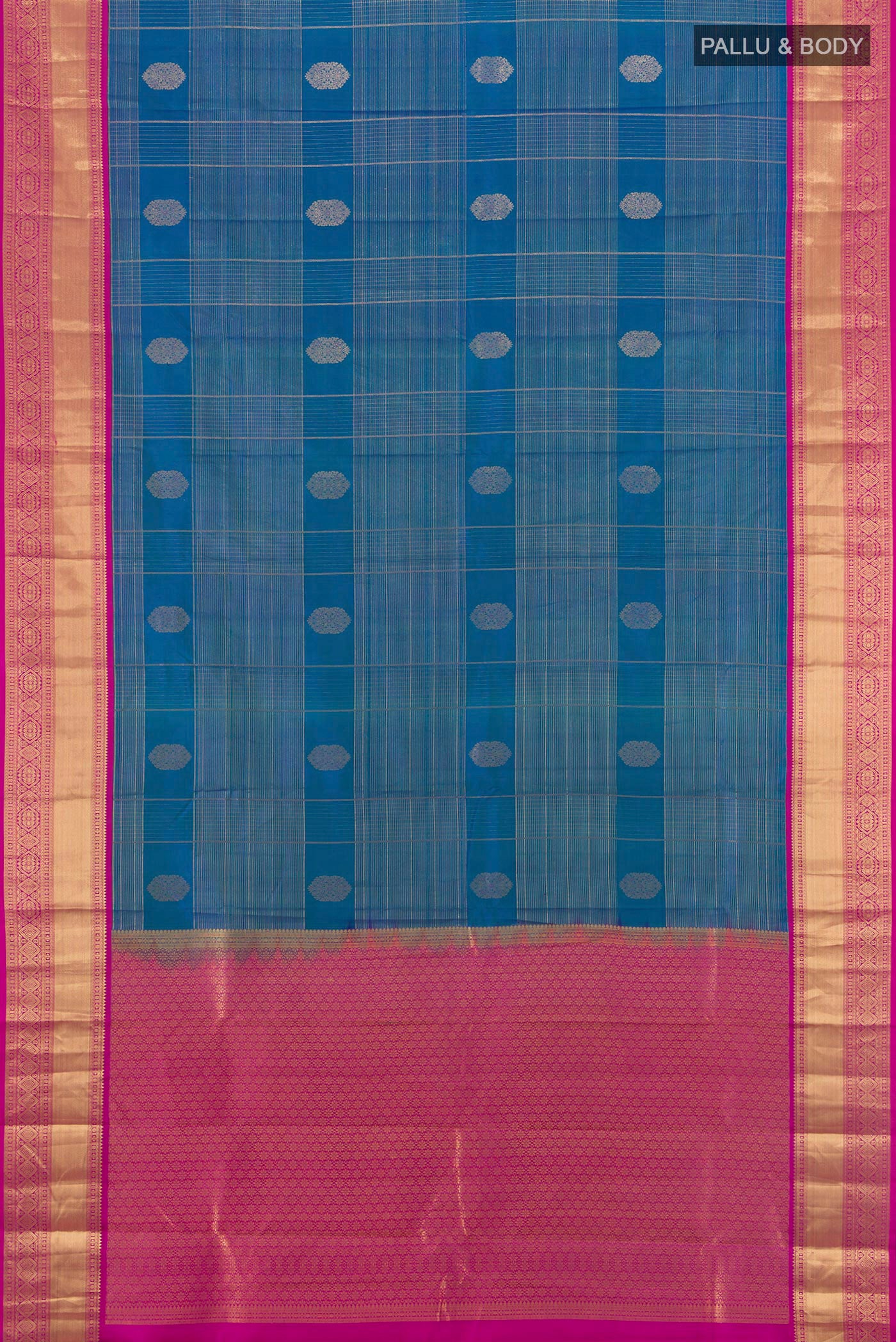 Flat view of Royal Blue Kanjivaram Silk Saree with Zari Butta on the body and Zari Border. 