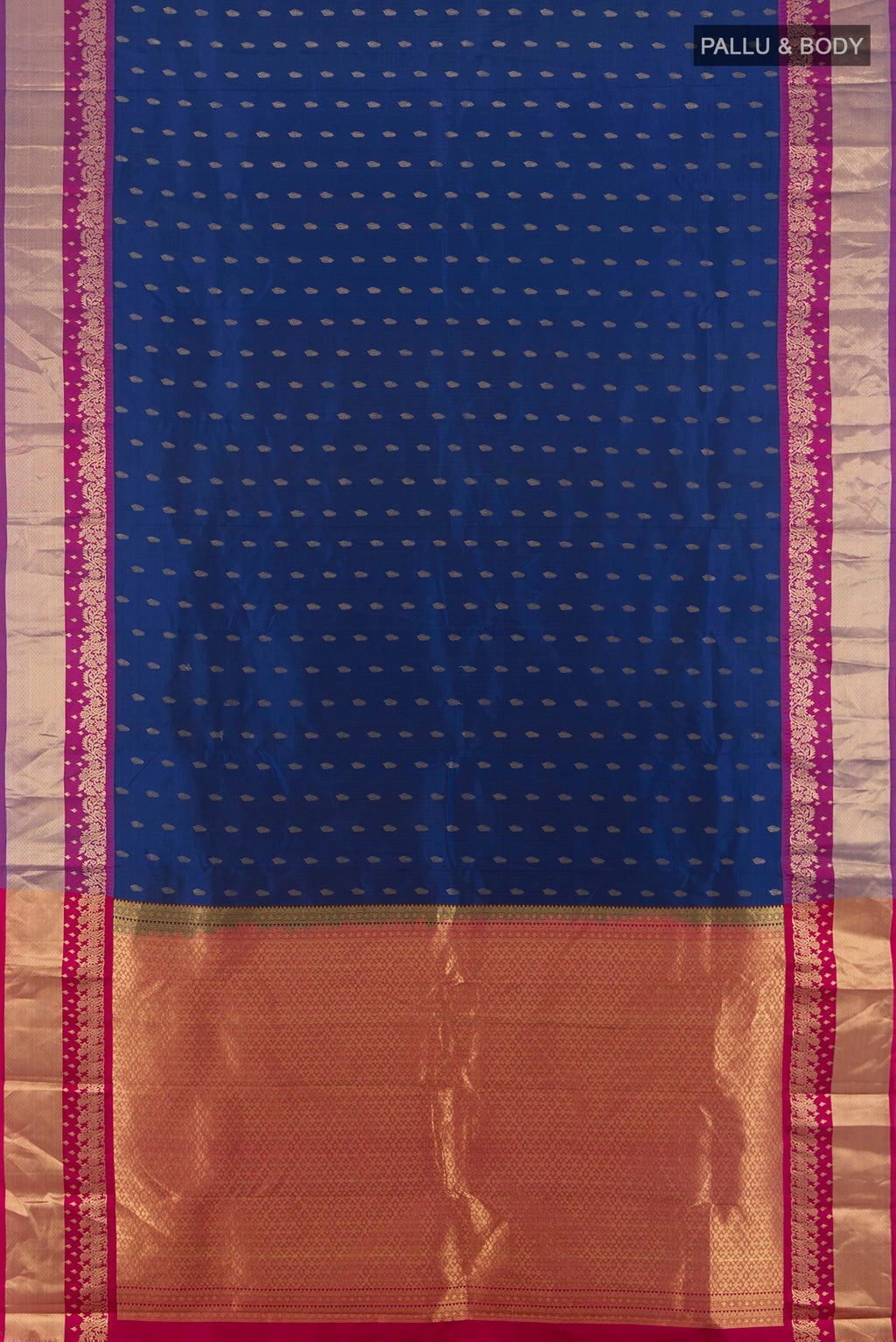 Flat view of Pure Silk Blue Kanchipuram Saree with Zari Butta on the body and Zari Border. 