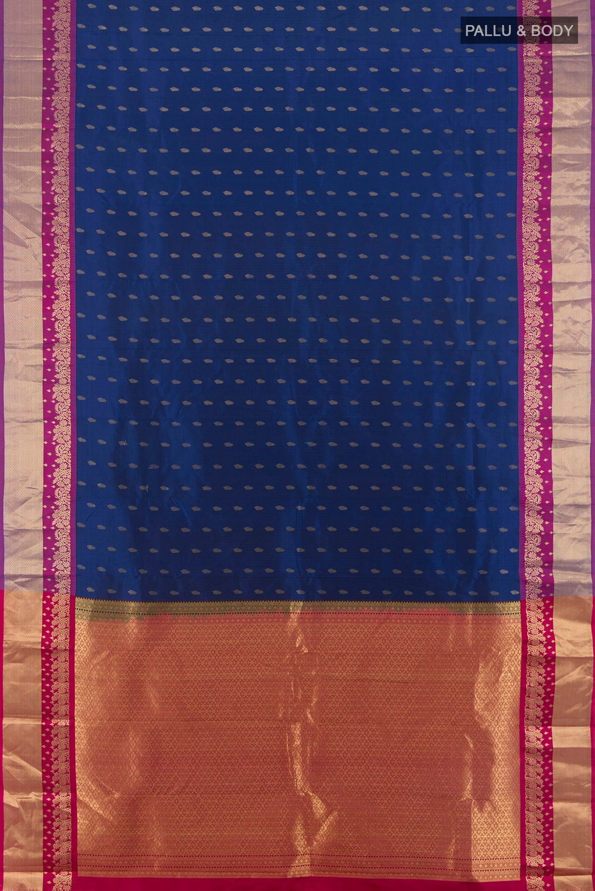 Flat view of Pure Silk Blue Kanchipuram Saree with Zari Butta on the body and Zari Border. 