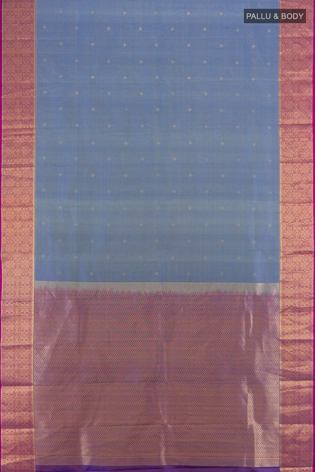 Flat view of Blue Kanjivaram Silk Saree with Zari Butta on the body and Zari Border. 