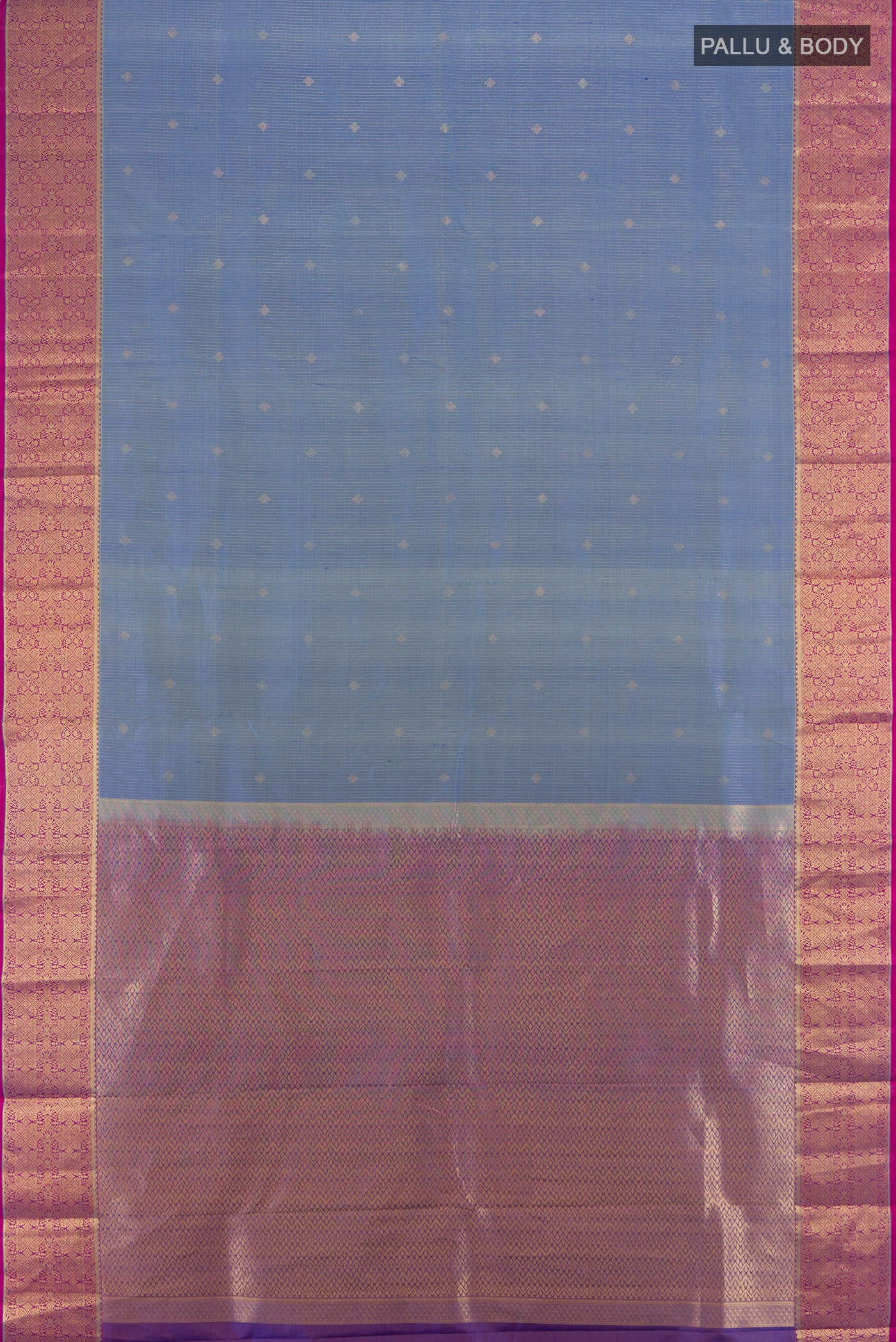 Flat view of Blue Kanjivaram Silk Saree with Zari Butta on the body and Zari Border. 