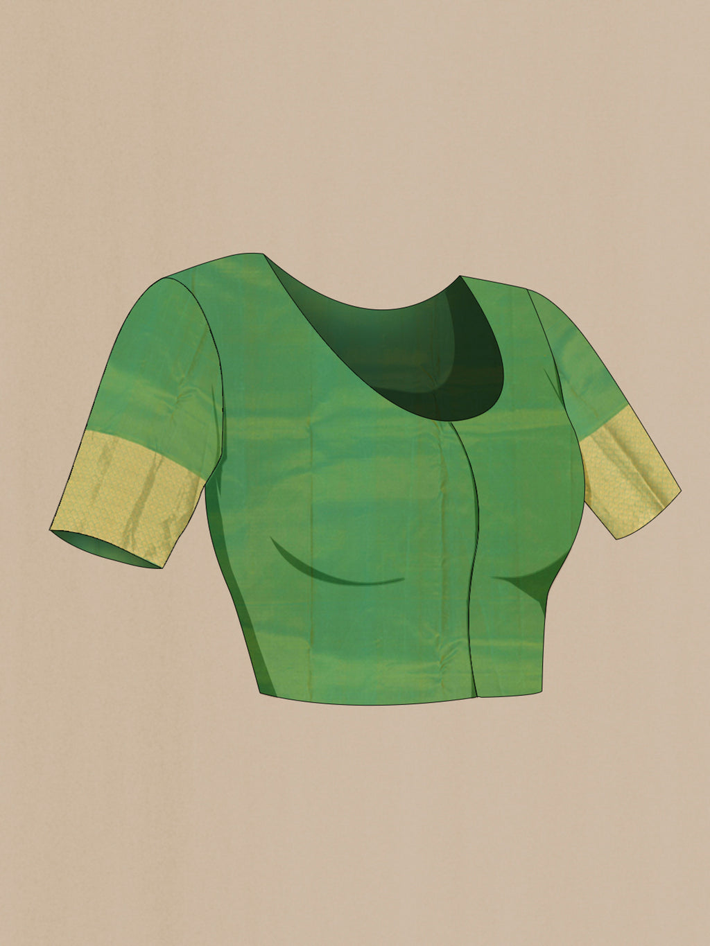 Close up image of the blouse of Parrot Green Kanchipuram Silk Saree with Plain Body and Zari Border. 