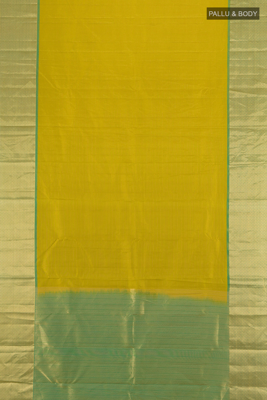 Flat view of Parrot Green Kanchipuram Silk Saree with Plain Body and Zari Border. 