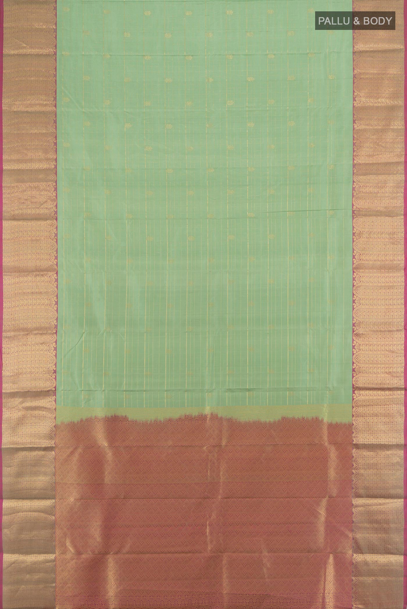 Flat view of Pista Green Kanjivaram Silk Saree with Zari Butta on the body and Zari Border. 