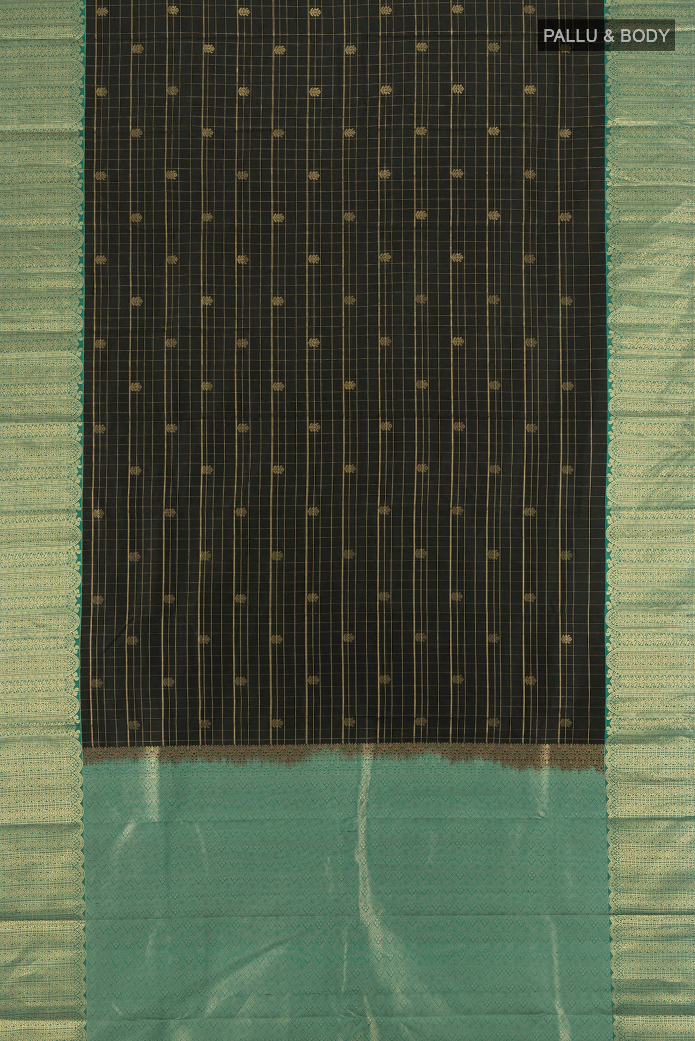 Flat view of Black Kanjivaram Silk Saree with Checked design on the body and Zari Border. 