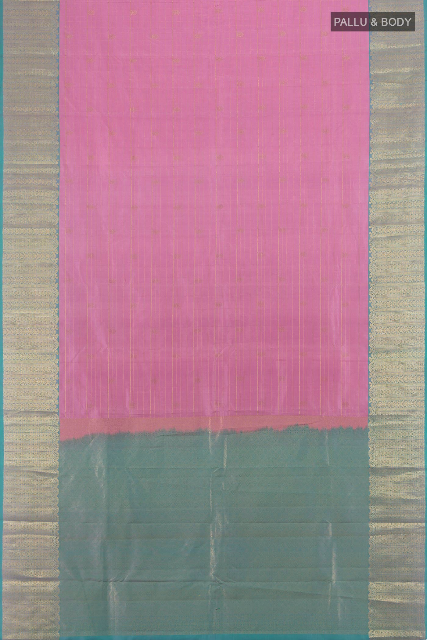 Flat view of Rose pink Kanjivaram Silk Saree with Zari Butta on the body and Zari Border. 