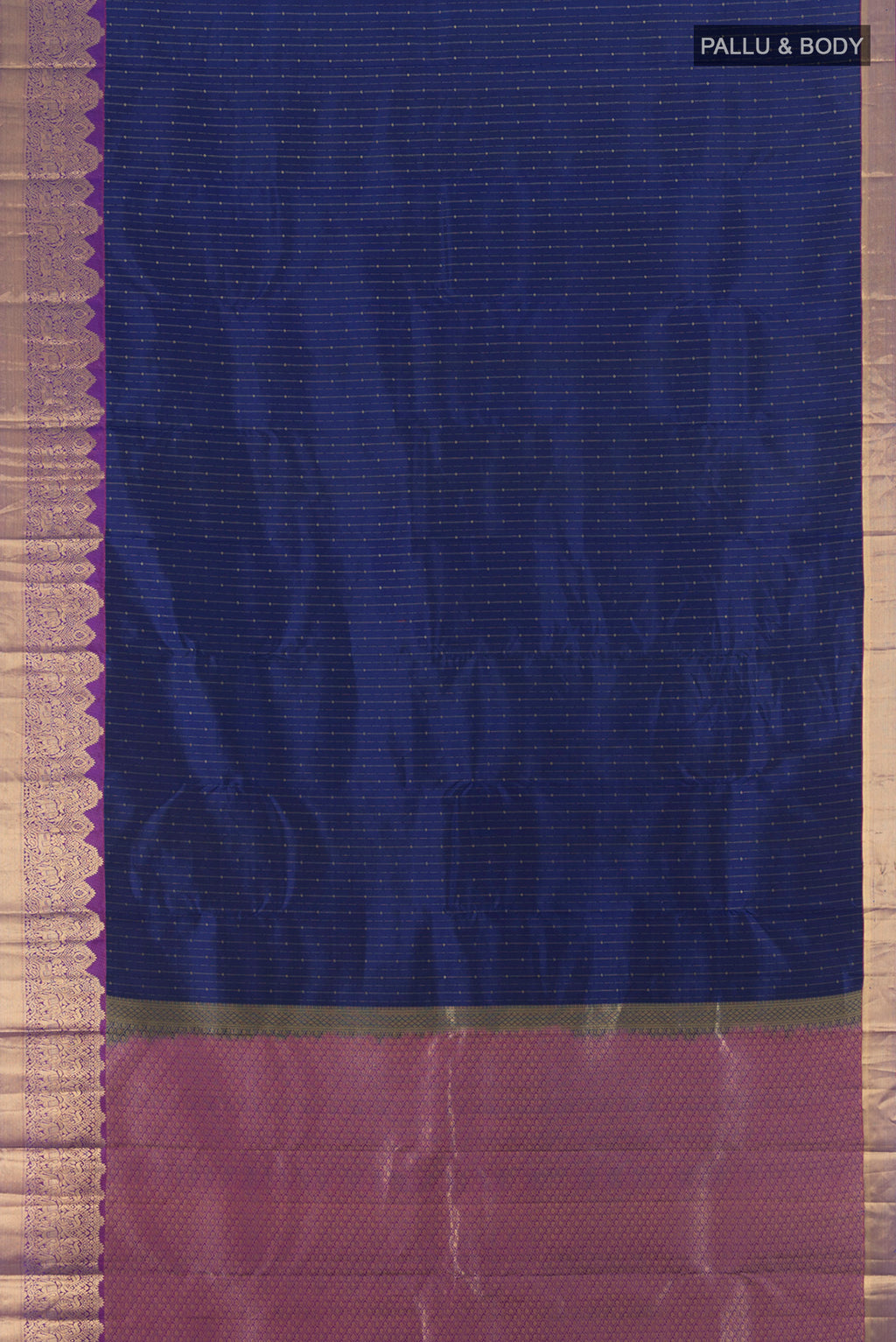 Flat view of Blue Kanchipuram Silk Saree with Stripes on the body and Zari Border. 