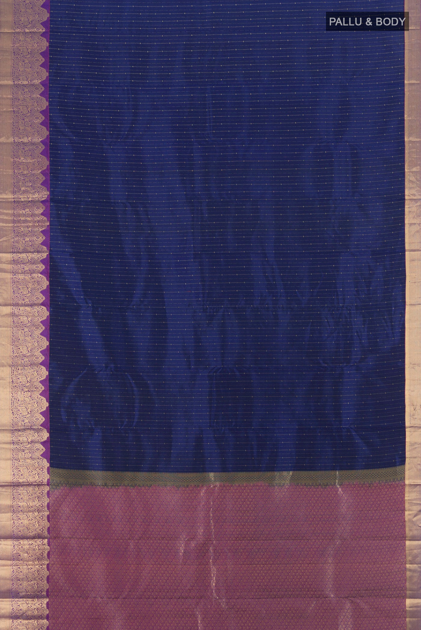Flat view of Blue Kanchipuram Silk Saree with Stripes on the body and Zari Border. 