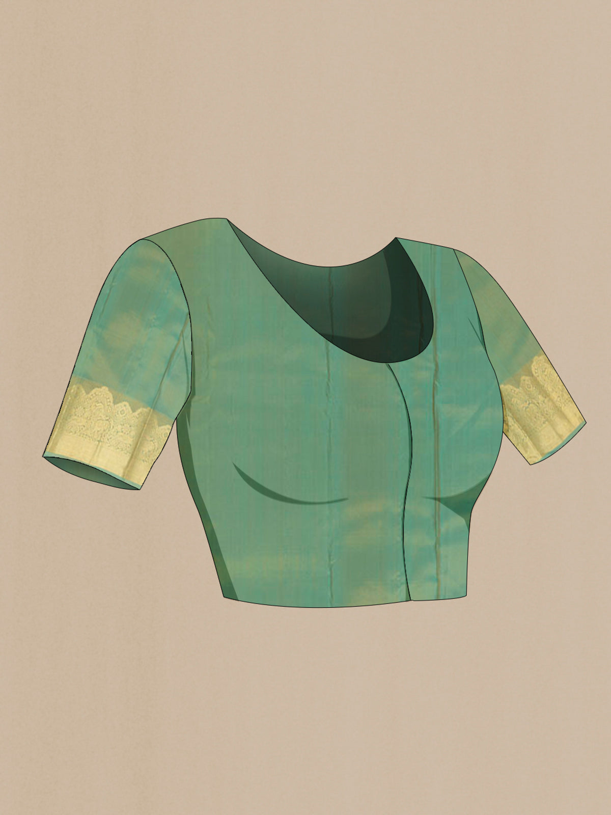 Close up image of the blouse of Pure Silk Yellow Kanchipuram Saree with Stripes on the body and Zari Border. 