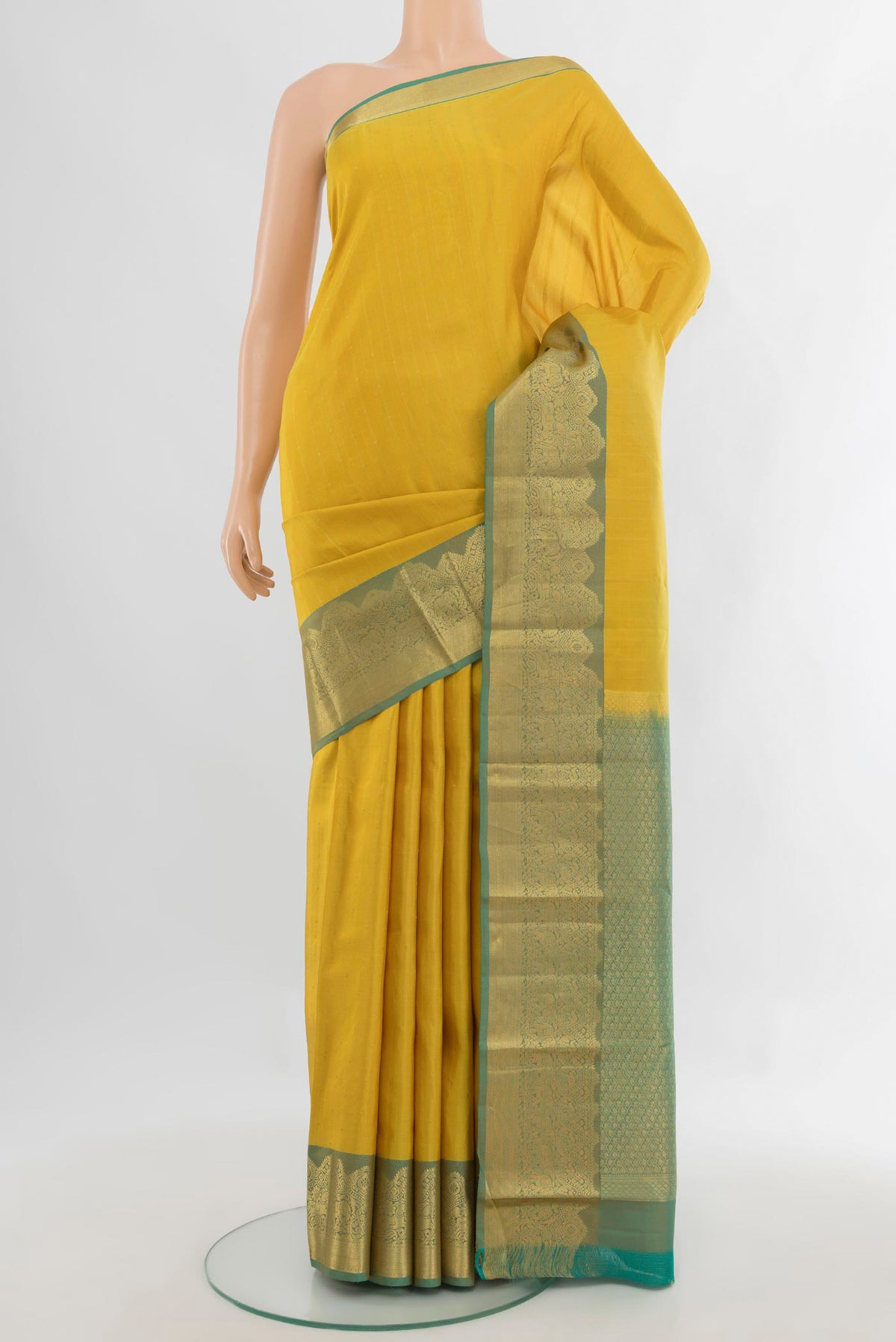 Pure Silk Yellow Kanchipuram Saree with Stripes on the body and Zari Border.  displayed on a mannequin