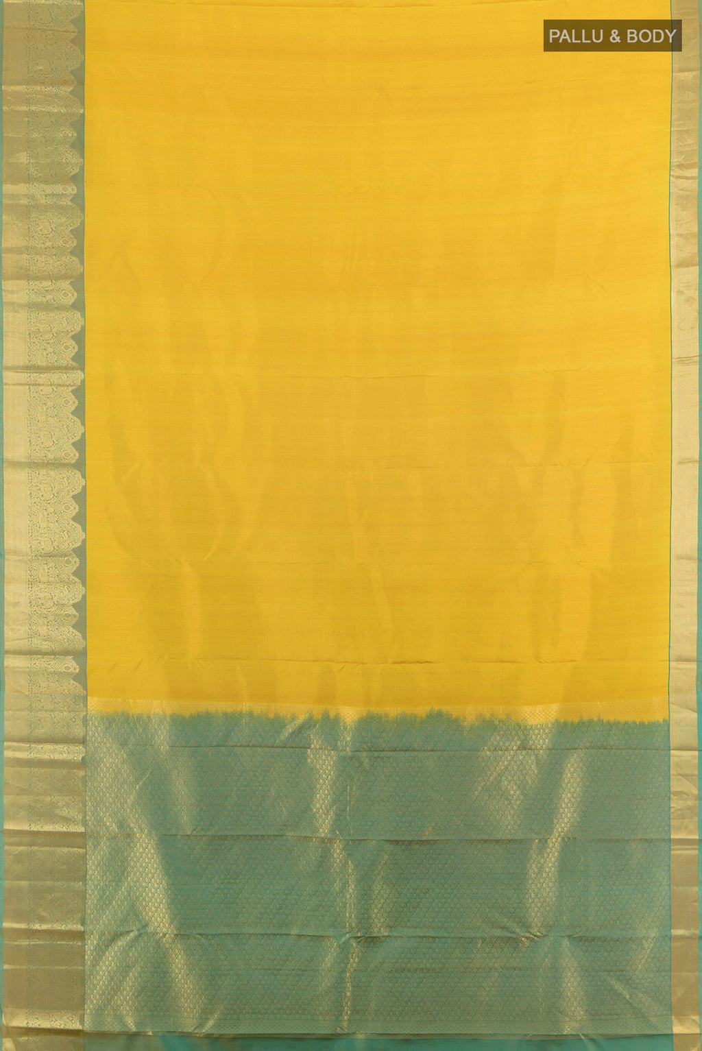 Flat view of Pure Silk Yellow Kanchipuram Saree with Stripes on the body and Zari Border. 
