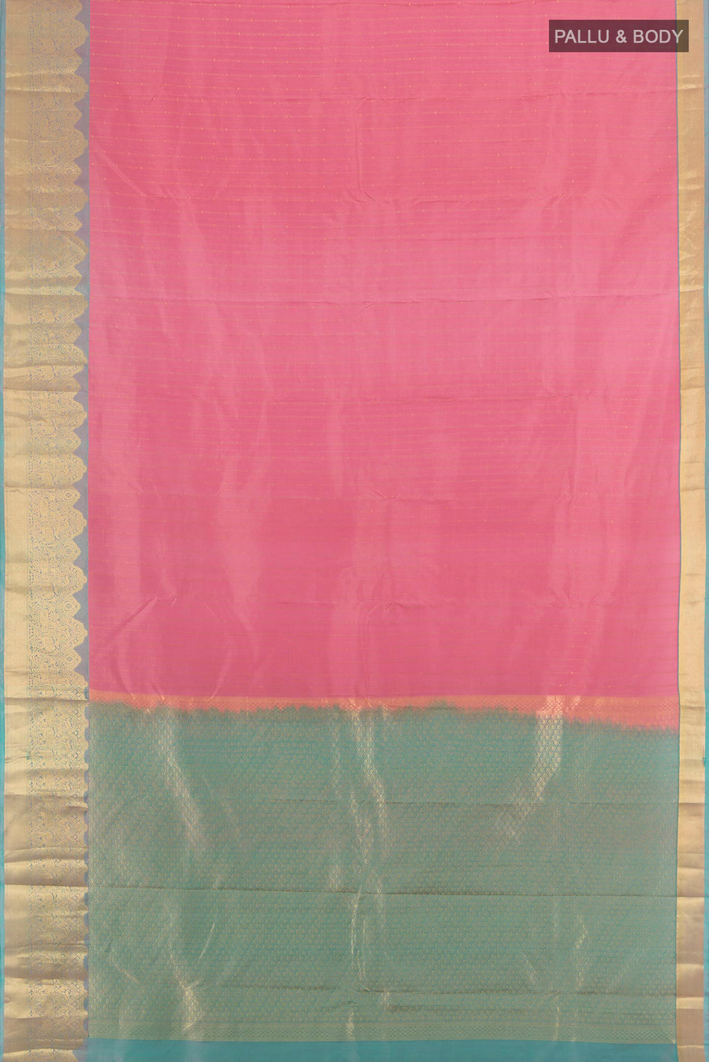 Flat view of Rose pink Kanchipuram Silk Saree with Zari Butta on the body and Zari Border. 