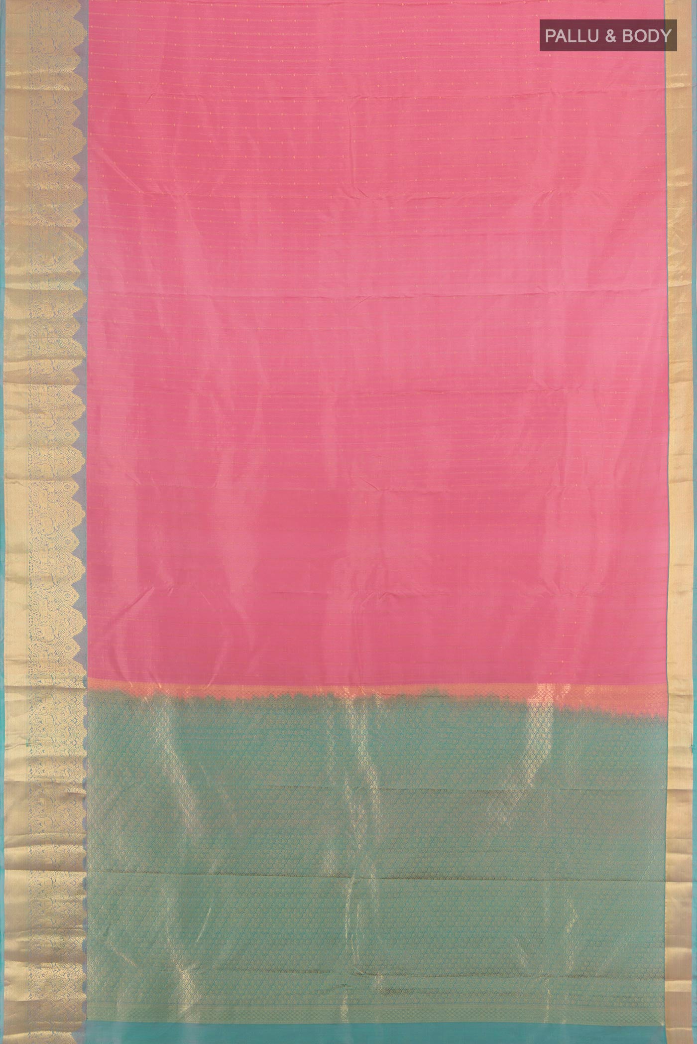 Flat view of Rose pink Kanchipuram Silk Saree with Zari Butta on the body and Zari Border. 
