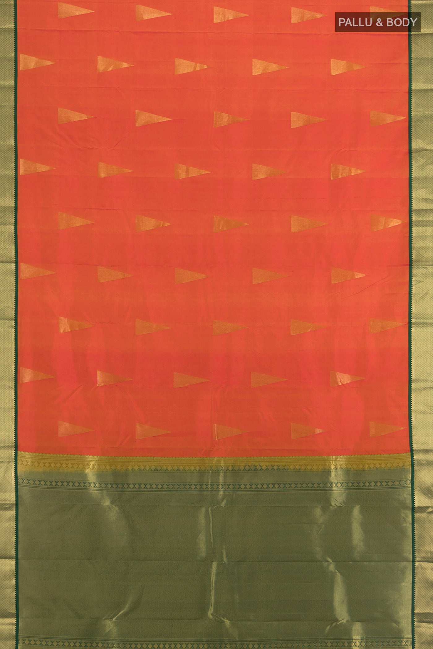 Flat view of Orange Kanchipuram Silk Saree with Zari Butta on the body and Zari Border. 
