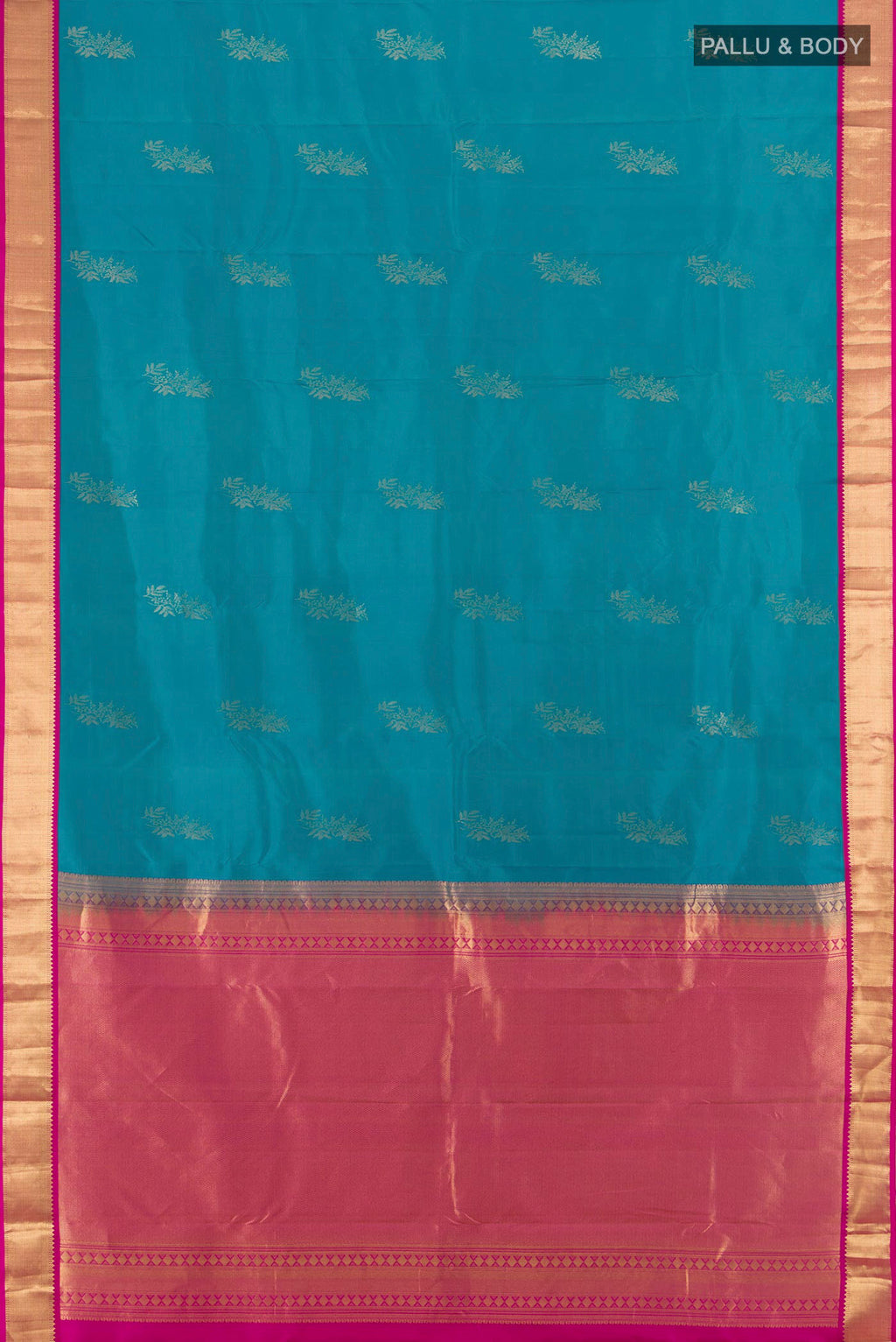 Flat view of Blue Kanchipuram Silk Saree with Zari Butta on the body and Zari Border. 