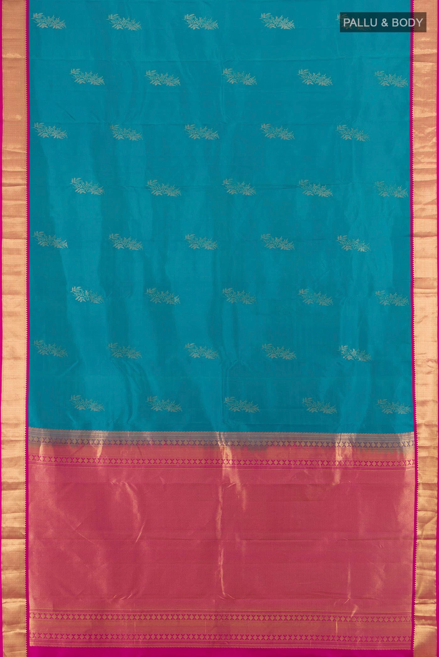 Flat view of Blue Kanchipuram Silk Saree with Zari Butta on the body and Zari Border. 