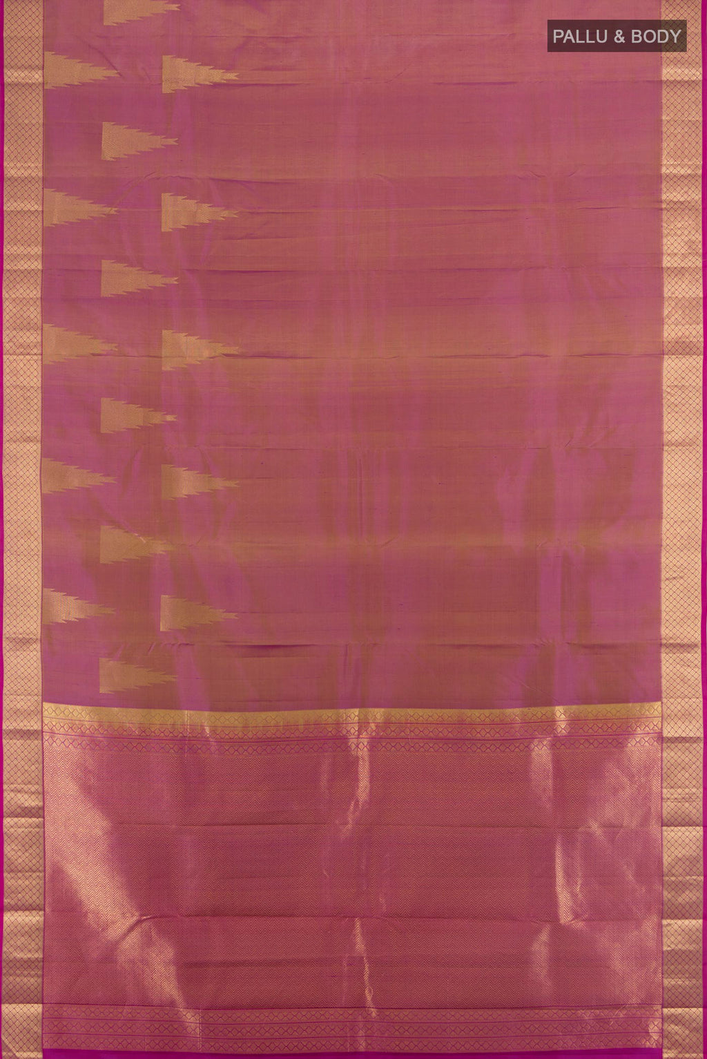 Flat view of Magenta Kanchipuram Silk Saree with Plain Body and Zari Border. 