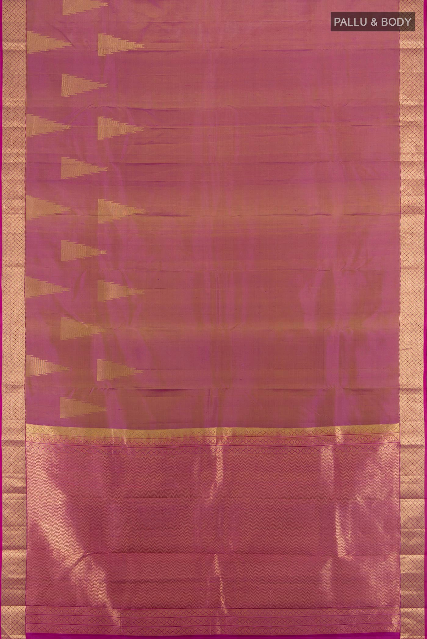 Flat view of Magenta Kanchipuram Silk Saree with Plain Body and Zari Border. 