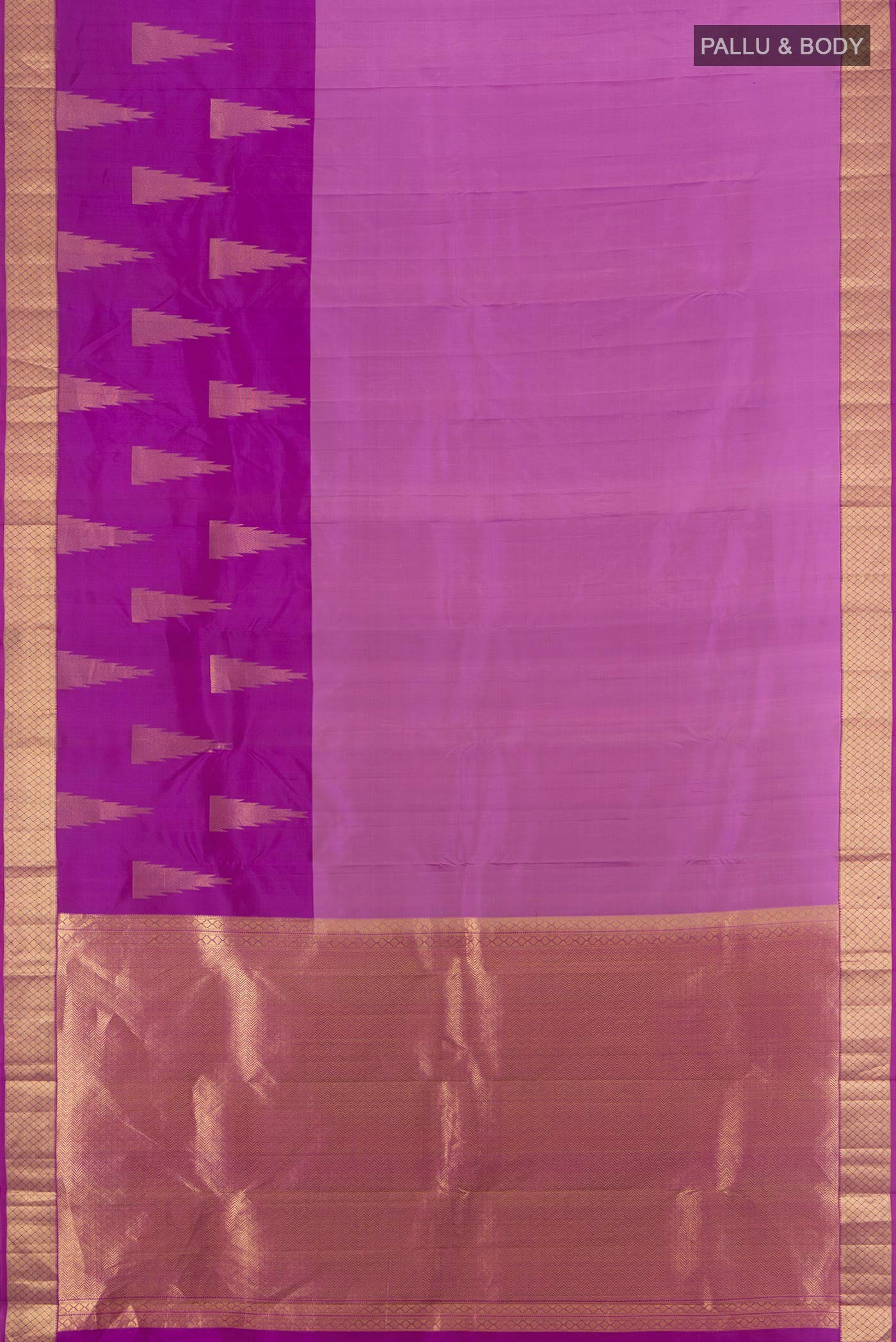 Flat view of Lavender Kanchipuram Silk Saree with Plain Body and Zari Border. 