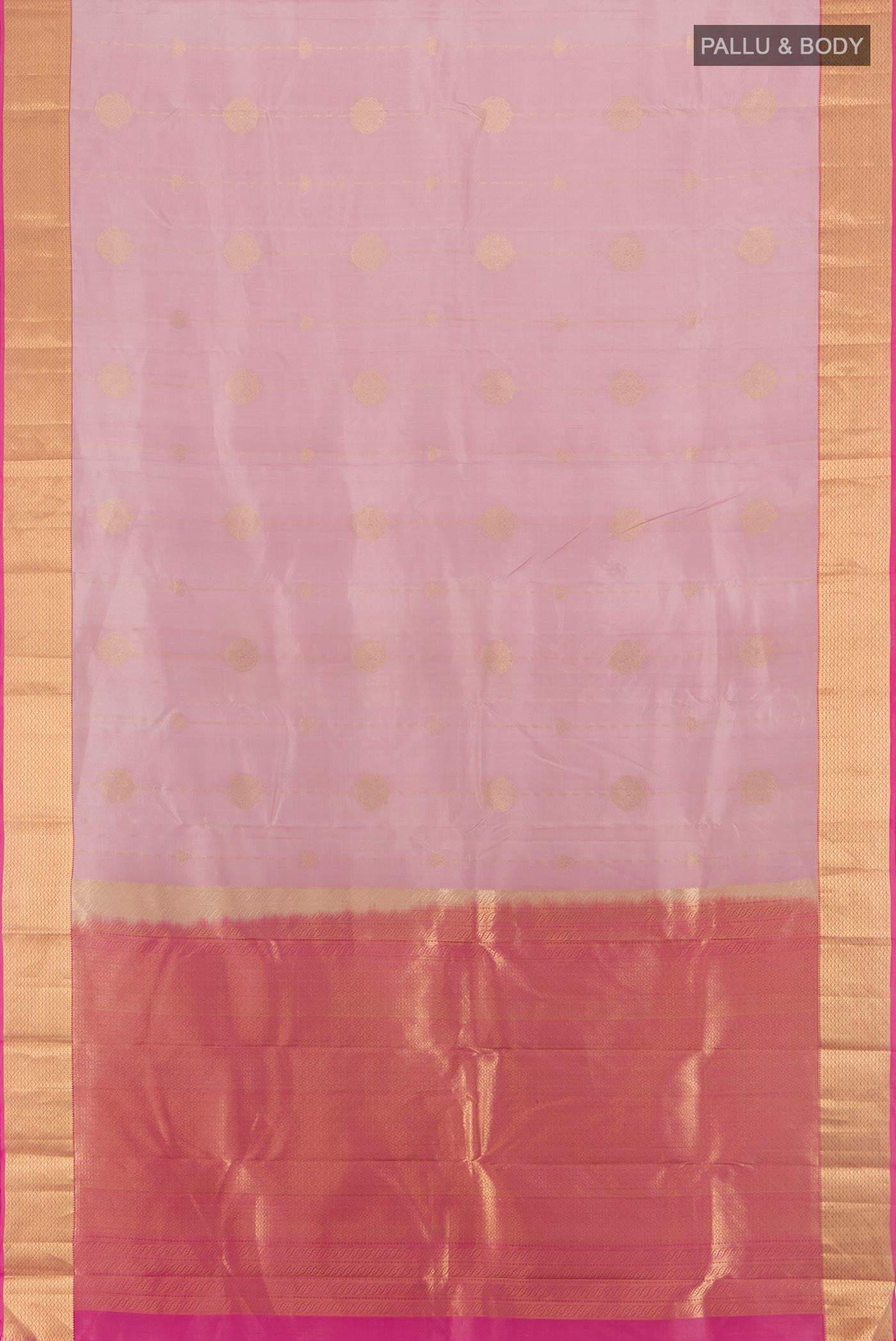 Flat view of Lavender Kanchipuram Silk Saree with Zari Butta on the body and Zari Border. 