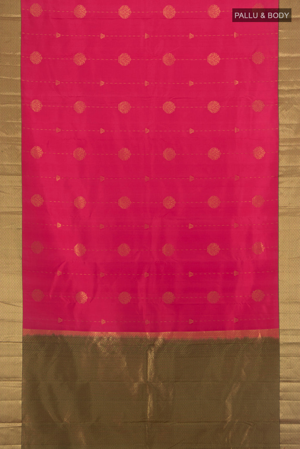 Flat view of Pink Kanchipuram Silk Saree with Zari Butta on the body and Zari Border. 