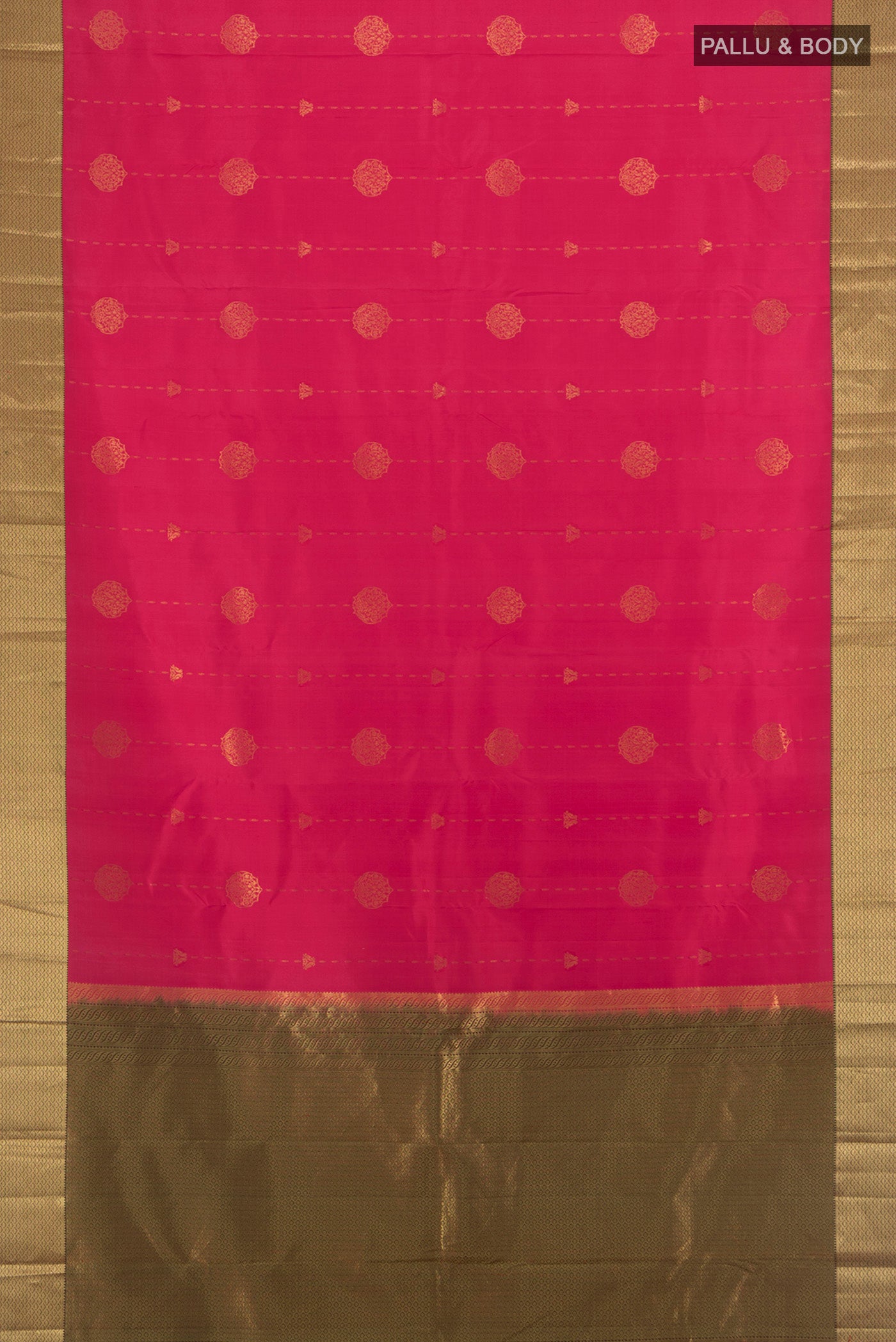 Flat view of Pink Kanchipuram Silk Saree with Zari Butta on the body and Zari Border. 