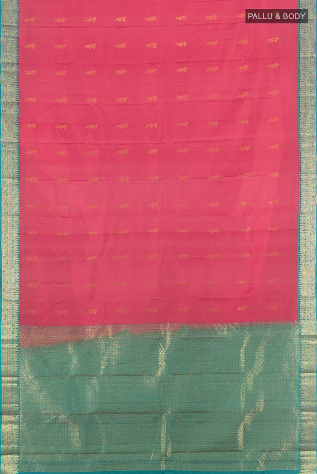Flat view of Pink Kanchipuram Silk Saree with Zari Butta on the body and Zari Border. 