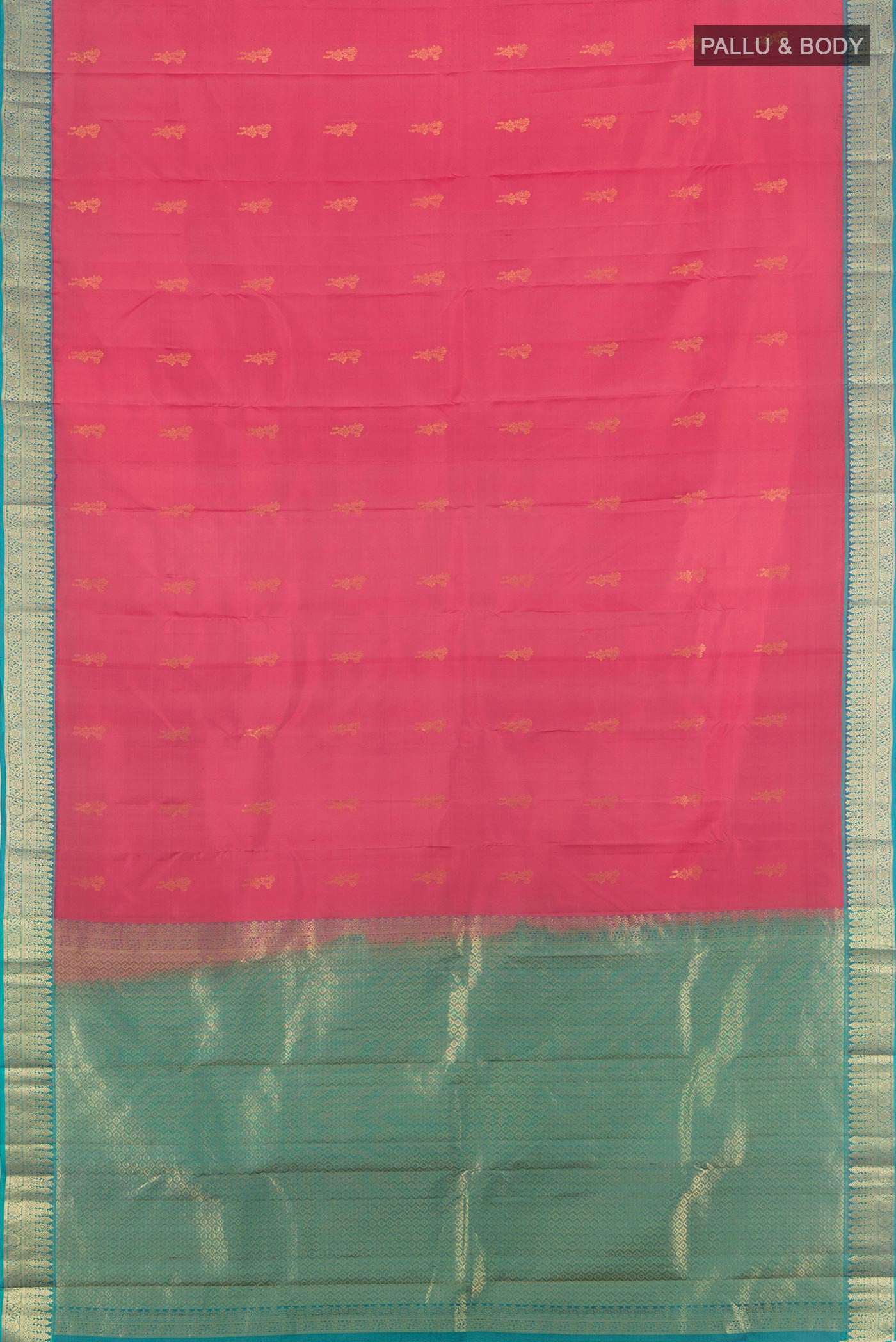 Flat view of Pink Kanchipuram Silk Saree with Zari Butta on the body and Zari Border. 