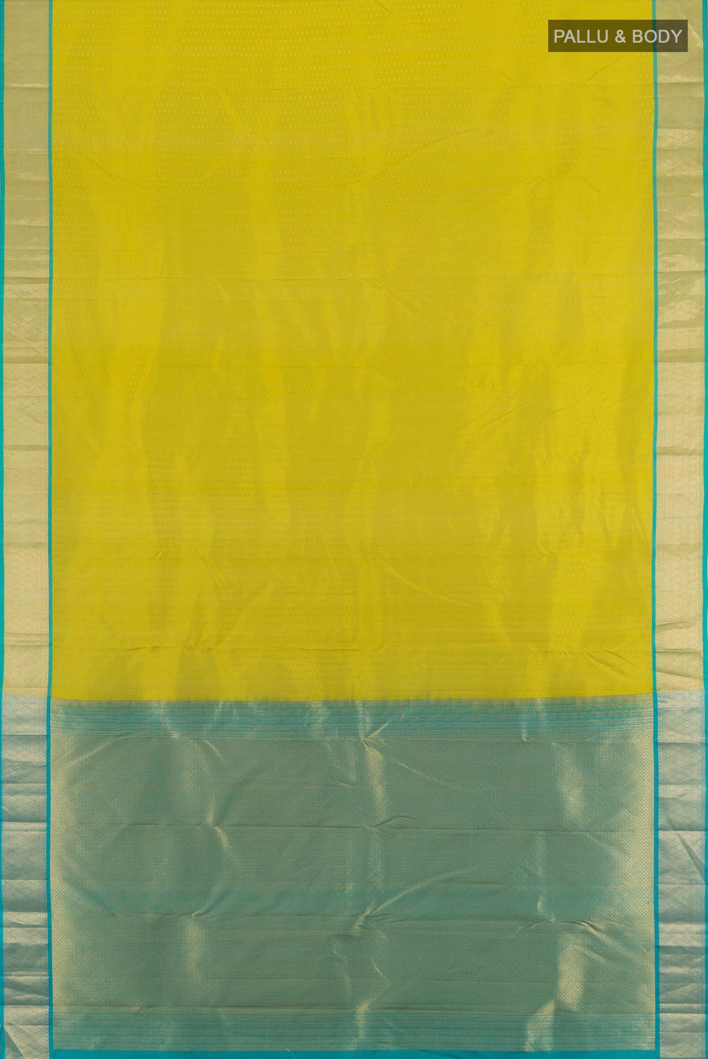 Flat view of Parrot Green Kanchipuram Silk Saree with Zari Butta on the body and Zari Border. 