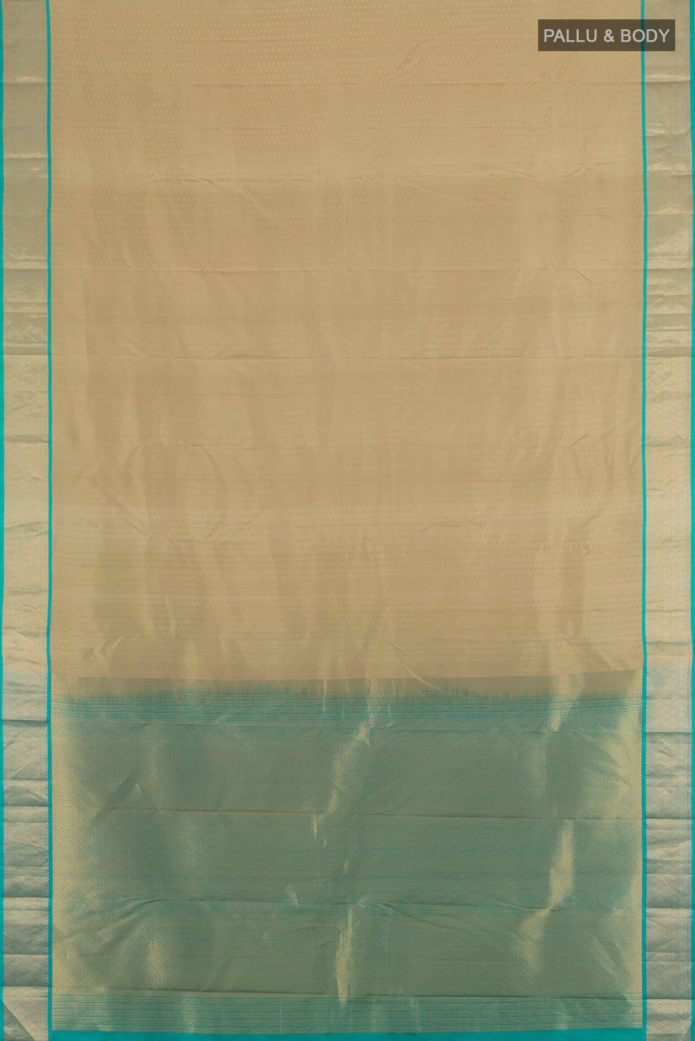 Flat view of Grey Kanchipuram Silk Saree with Zari Butta on the body and Zari Border. 