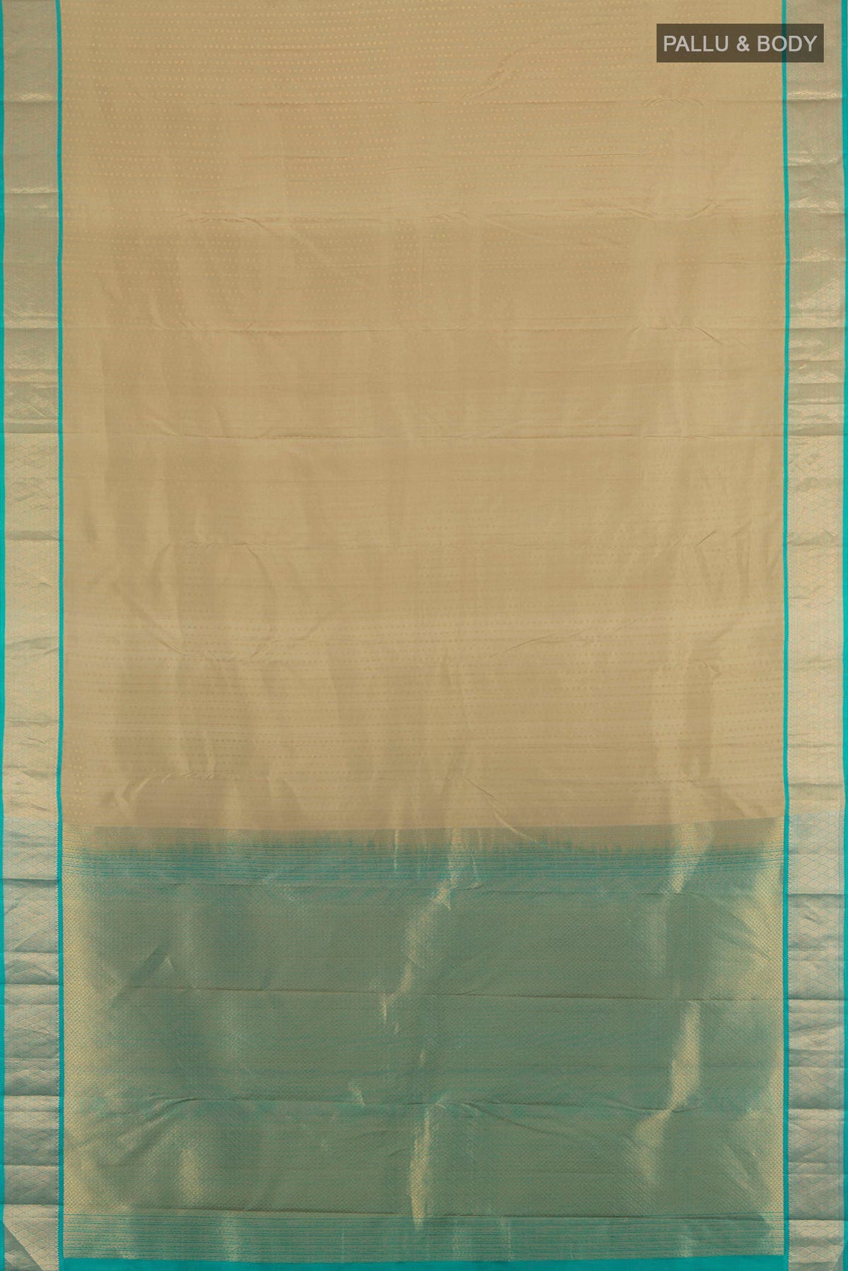 Flat view of Grey Kanchipuram Silk Saree with Zari Butta on the body and Zari Border. 