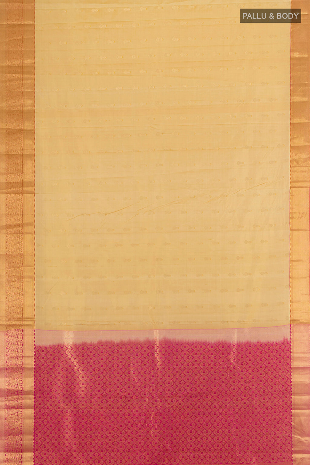 Flat view of Sandal Kanjivaram Silk Saree with Zari Butta on the body and Silk Border. 