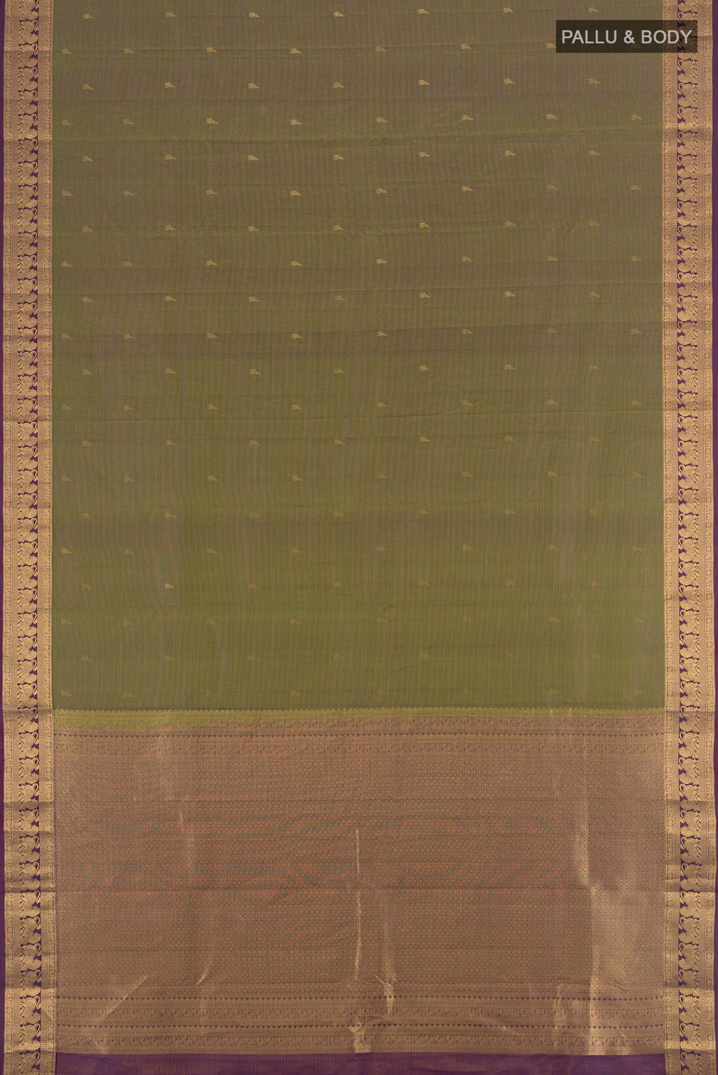 Flat view of Mehandi Green Kanjivaram Silk Saree with Zari Butta on the body and Zari Border. 