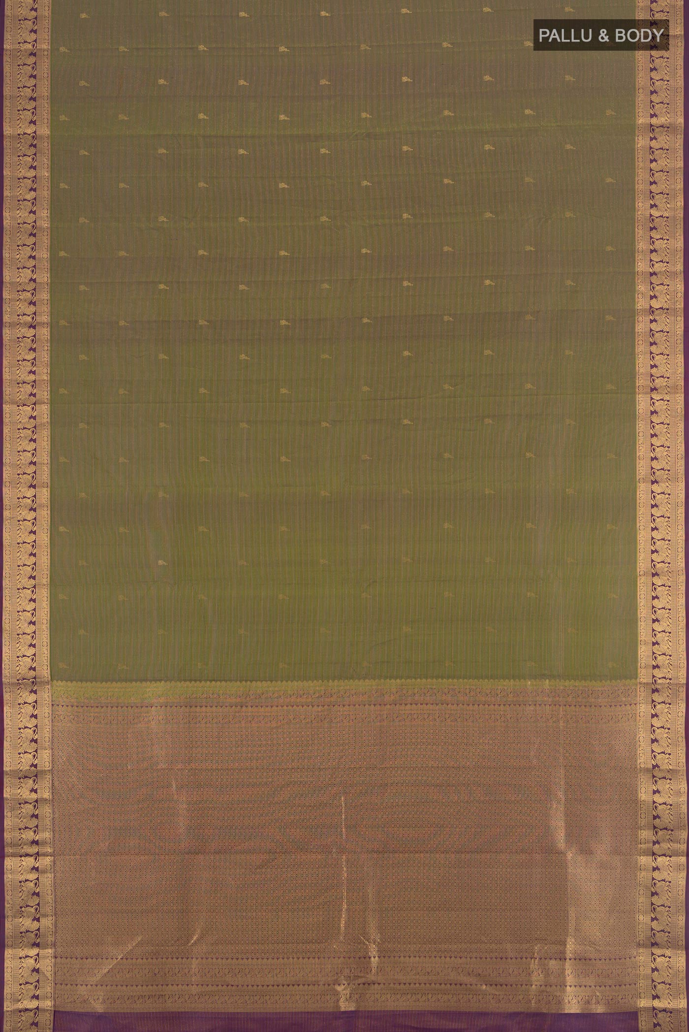 Flat view of Mehandi Green Kanjivaram Silk Saree with Zari Butta on the body and Zari Border. 