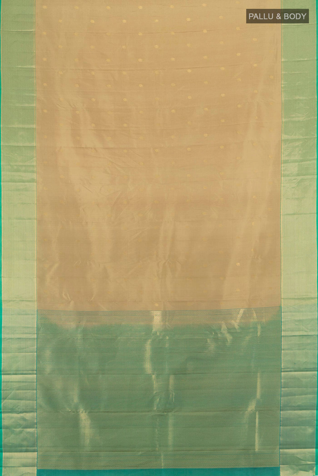Flat view of Beige Kanjivaram Silk Saree with Zari Butta on the body and Zari Border. 