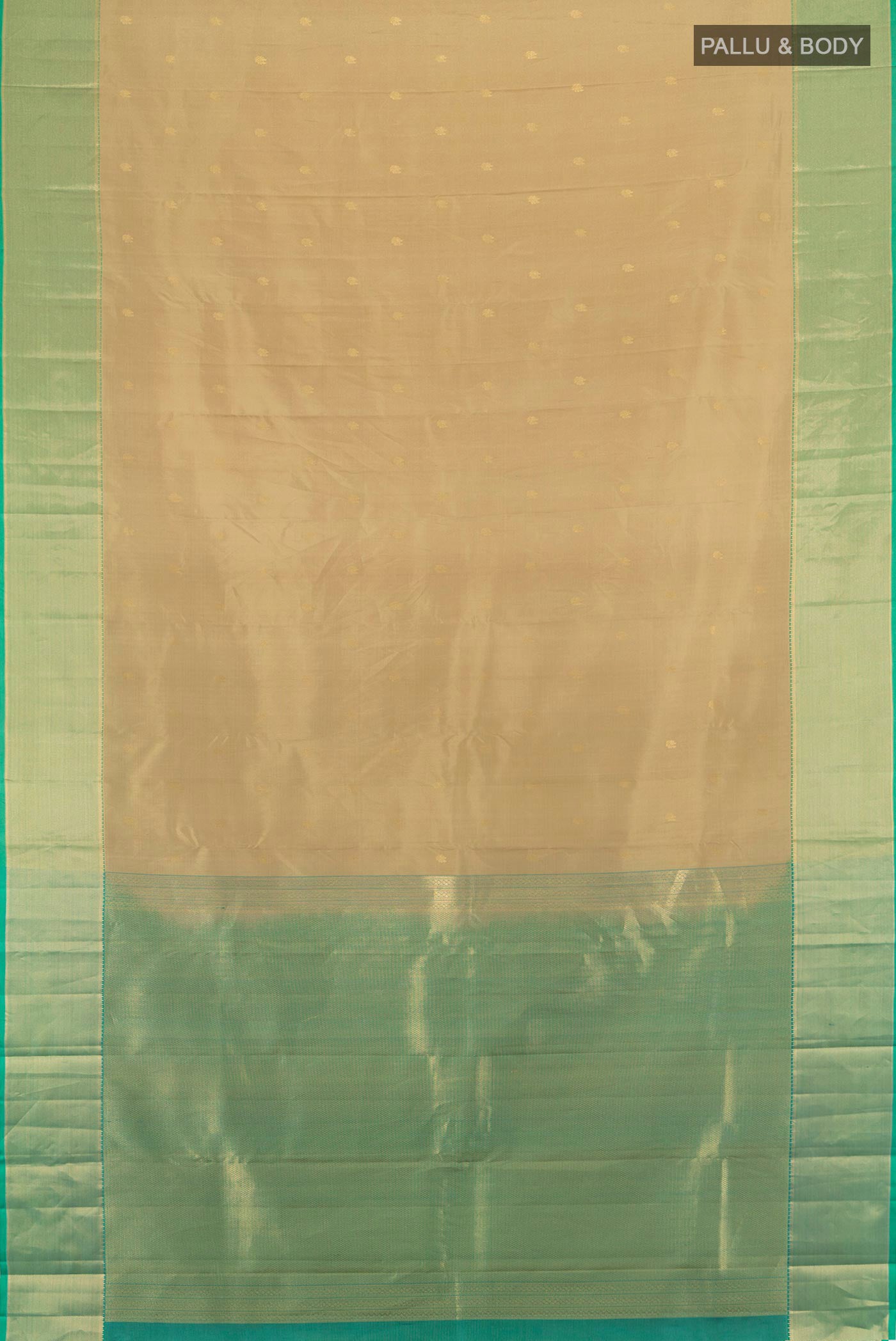 Flat view of Beige Kanjivaram Silk Saree with Zari Butta on the body and Zari Border. 