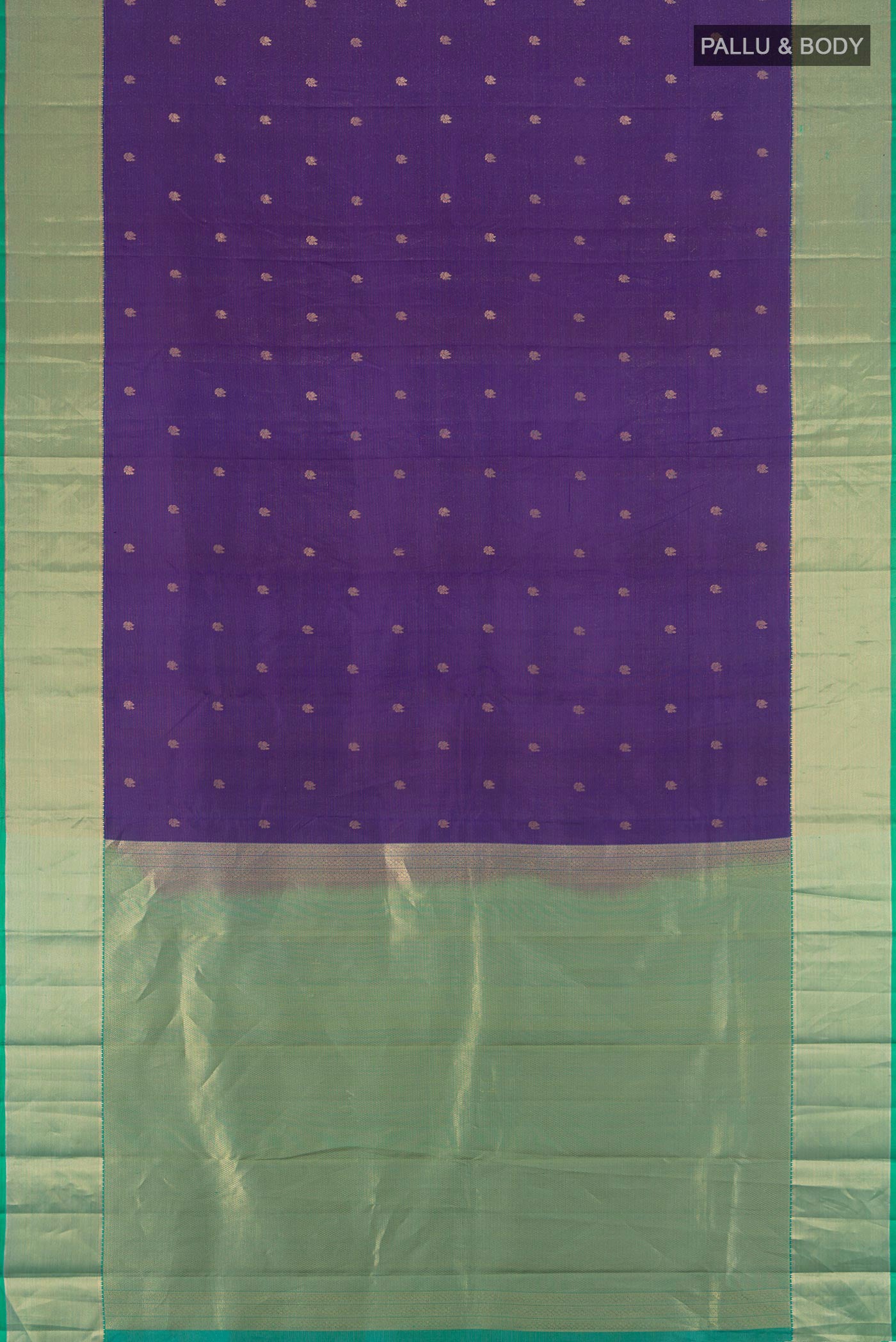 Flat view of Violet Kanjivaram Silk Saree with Zari Butta on the body and Zari Border. 