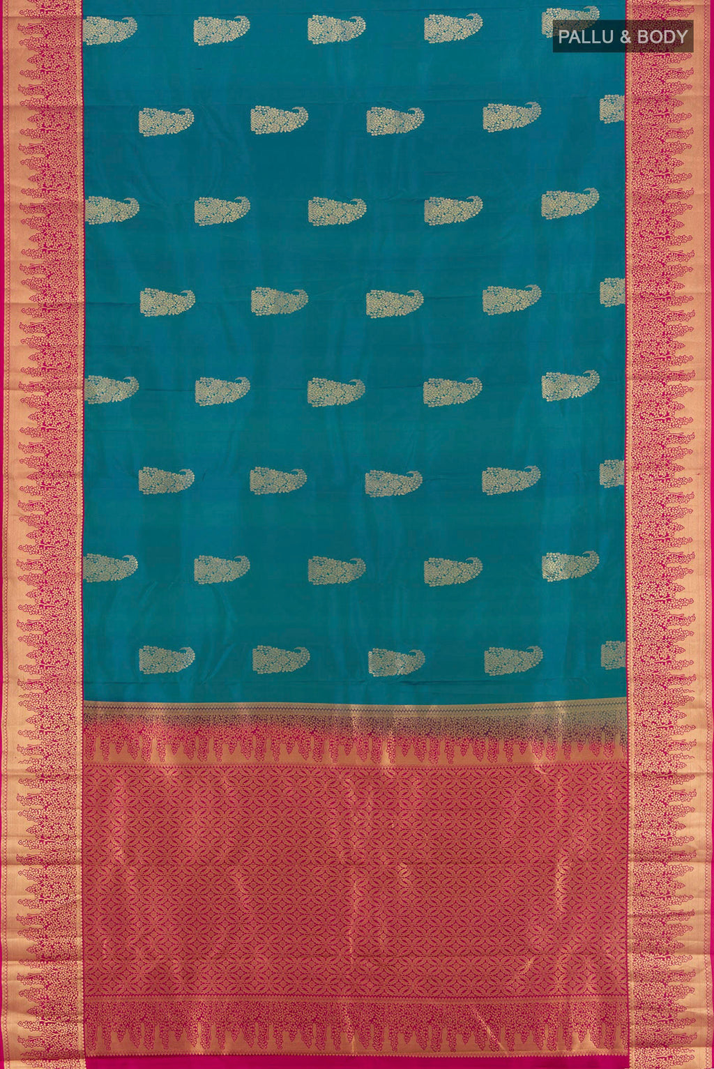 Flat view of Peacock Blue Kanjivaram Silk Saree with Zari Butta on the body and Zari Border. 